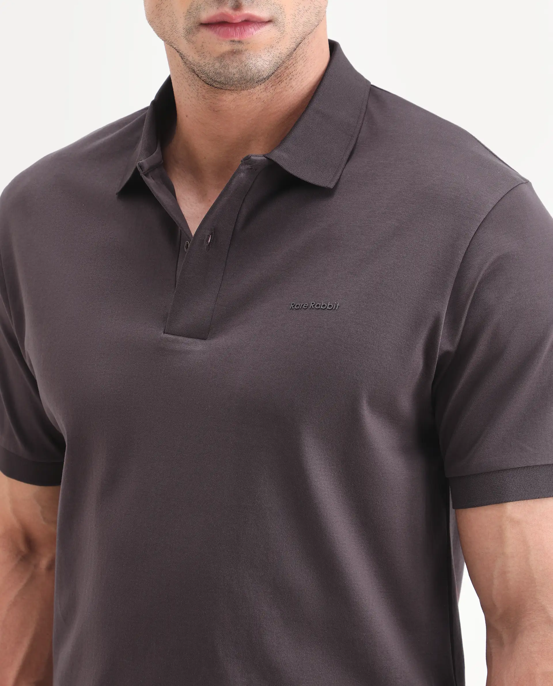 Rare Rabbit Men's Row-S26 Brown Cotton Fabric Half Sleeve Spread Collar Regular Fit Plain Polo - Image 3