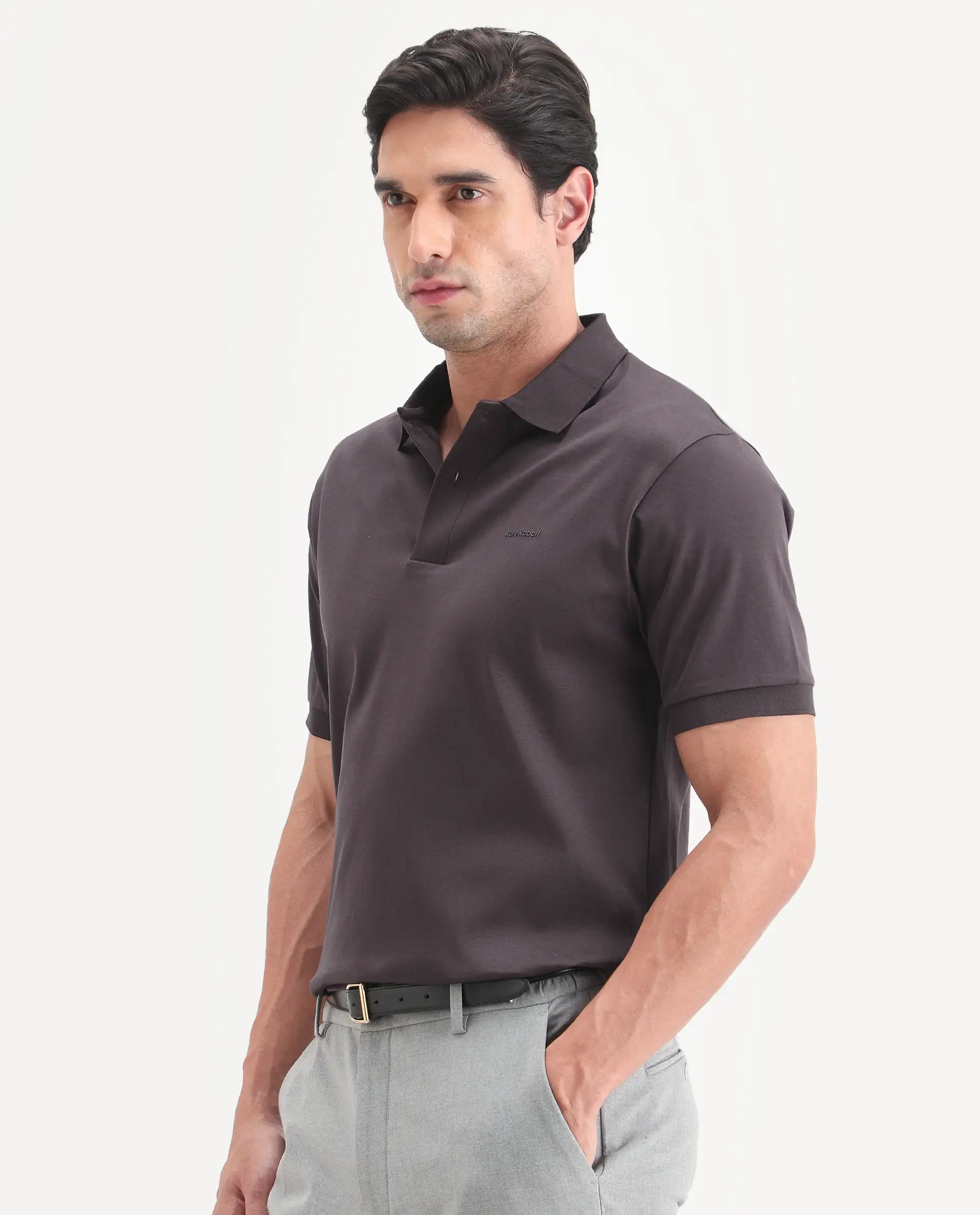 Rare Rabbit Men's Row-S26 Brown Cotton Fabric Half Sleeve Spread Collar Regular Fit Plain Polo - Image 4