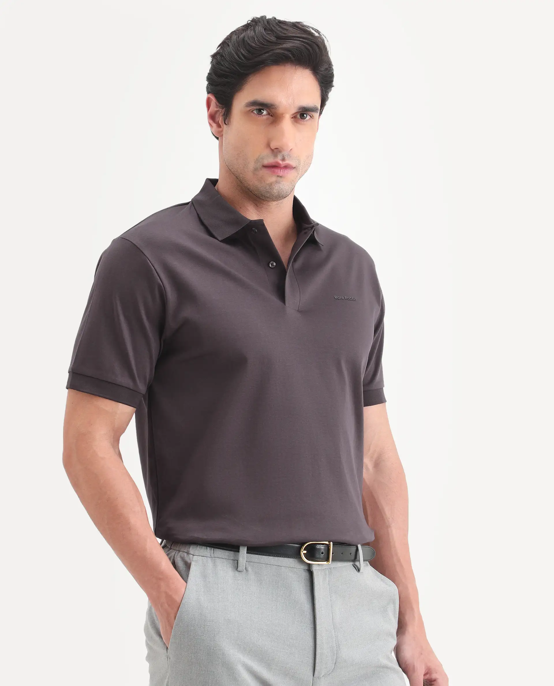 Rare Rabbit Men's Row-S26 Brown Cotton Fabric Half Sleeve Spread Collar Regular Fit Plain Polo - Image 5