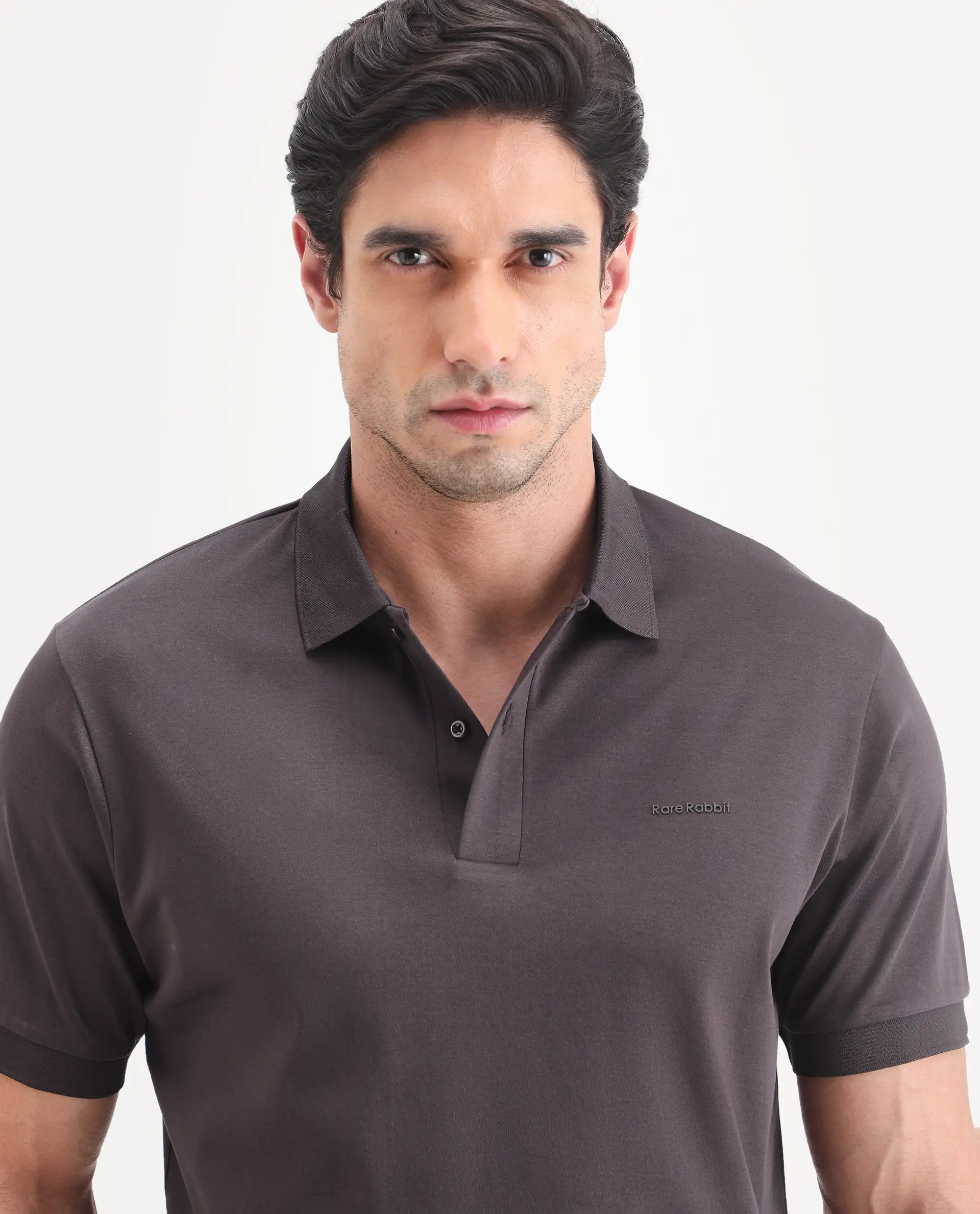Rare Rabbit Men's Row-S26 Brown Cotton Fabric Half Sleeve Spread Collar Regular Fit Plain Polo - Image 6