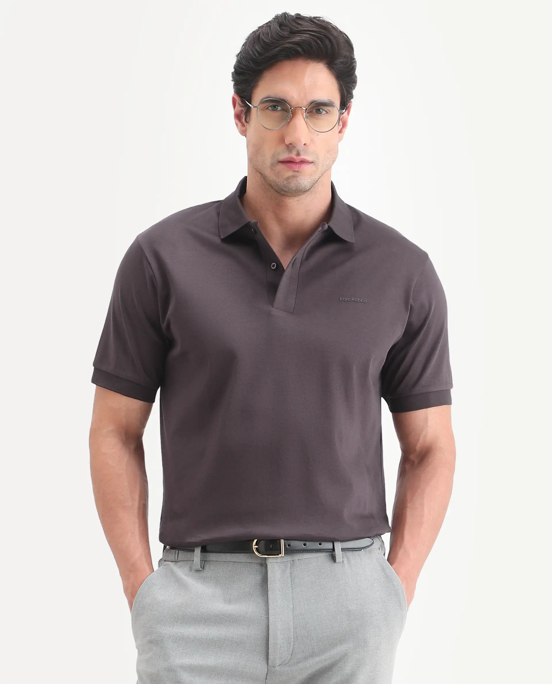Rare Rabbit Men's Row-S26 Brown Cotton Fabric Half Sleeve Spread Collar Regular Fit Plain Polo - Image 7