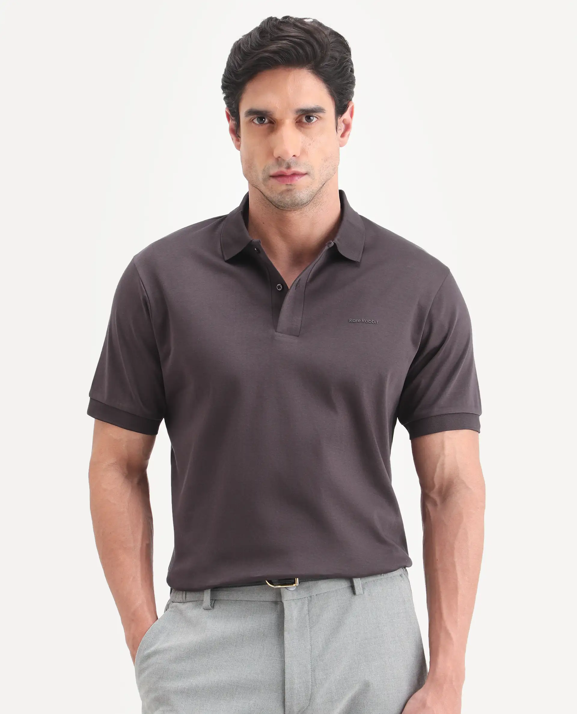 Rare Rabbit Men's Row-S26 Brown Cotton Fabric Half Sleeve Spread Collar Regular Fit Plain Polo - Image 8