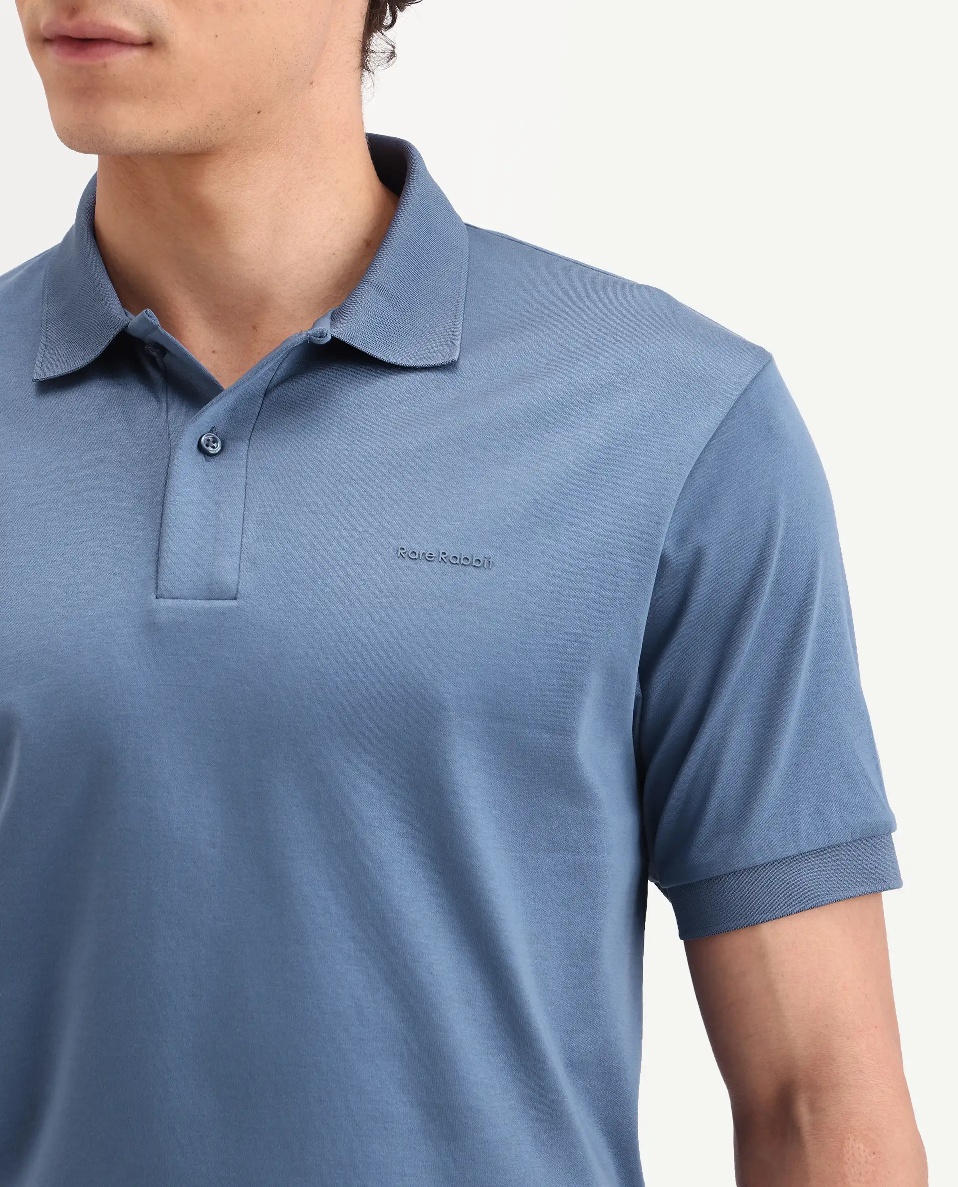 Rare Rabbit Men's Row-S26 Dusky Blue Cotton Fabric Half Sleeve Spread Collar Regular Fit Plain Polo - Image 3