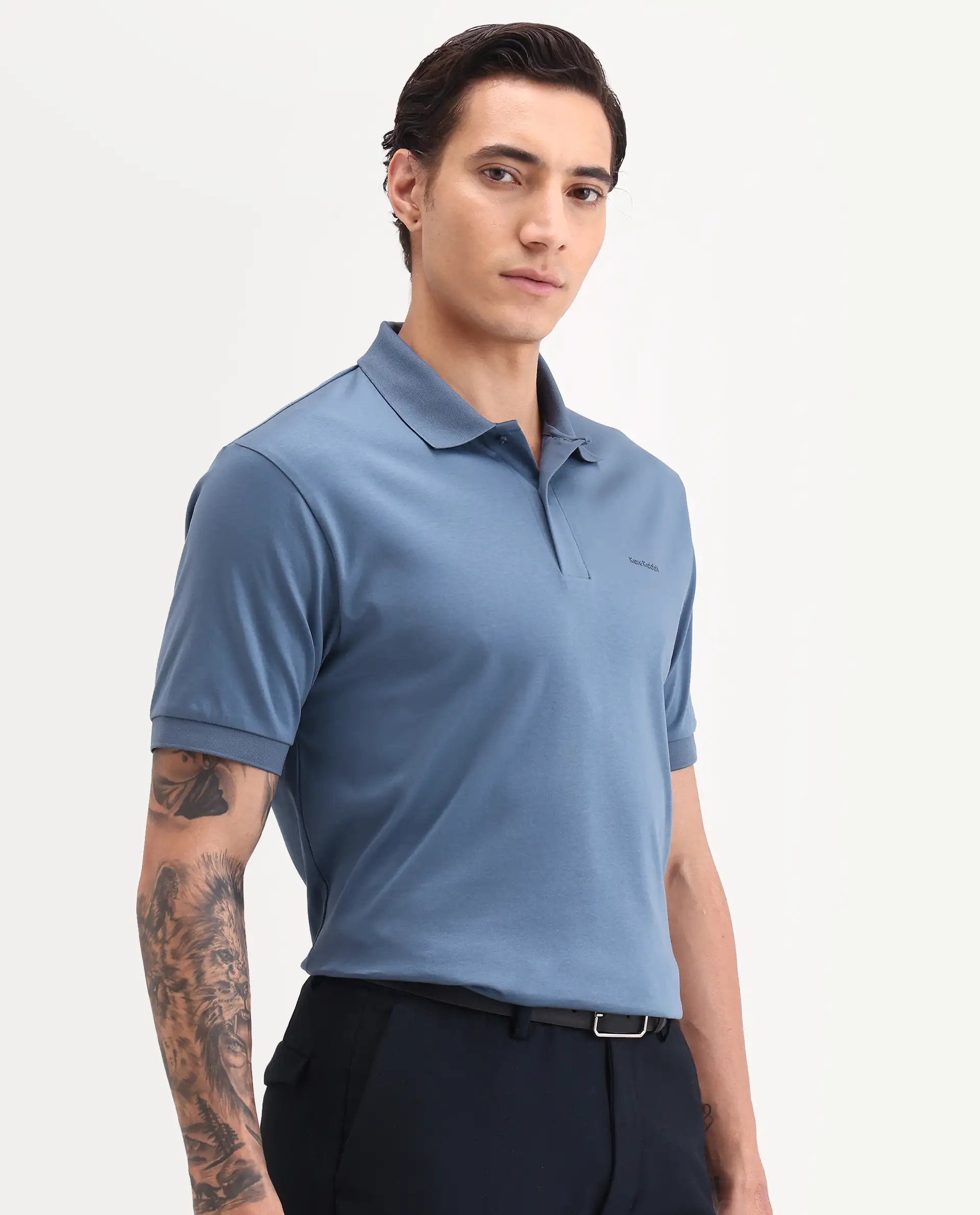 Rare Rabbit Men's Row-S26 Dusky Blue Cotton Fabric Half Sleeve Spread Collar Regular Fit Plain Polo - Image 4