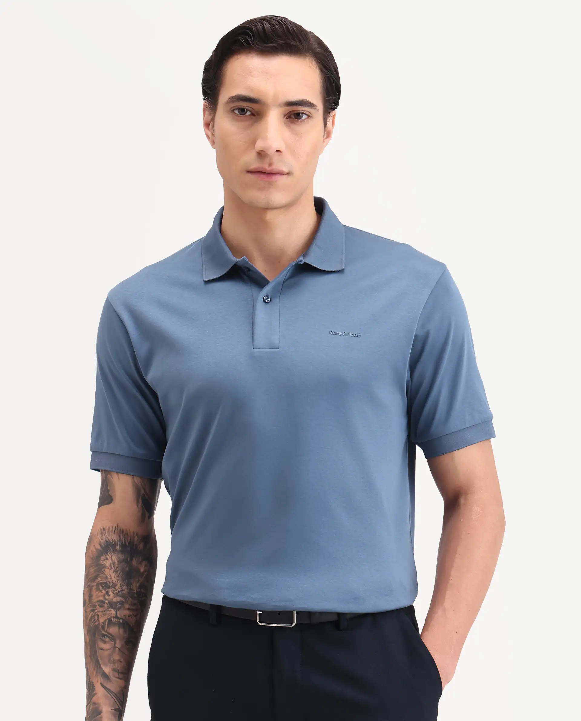 Rare Rabbit Men's Row-S26 Dusky Blue Cotton Fabric Half Sleeve Spread Collar Regular Fit Plain Polo - Image 5