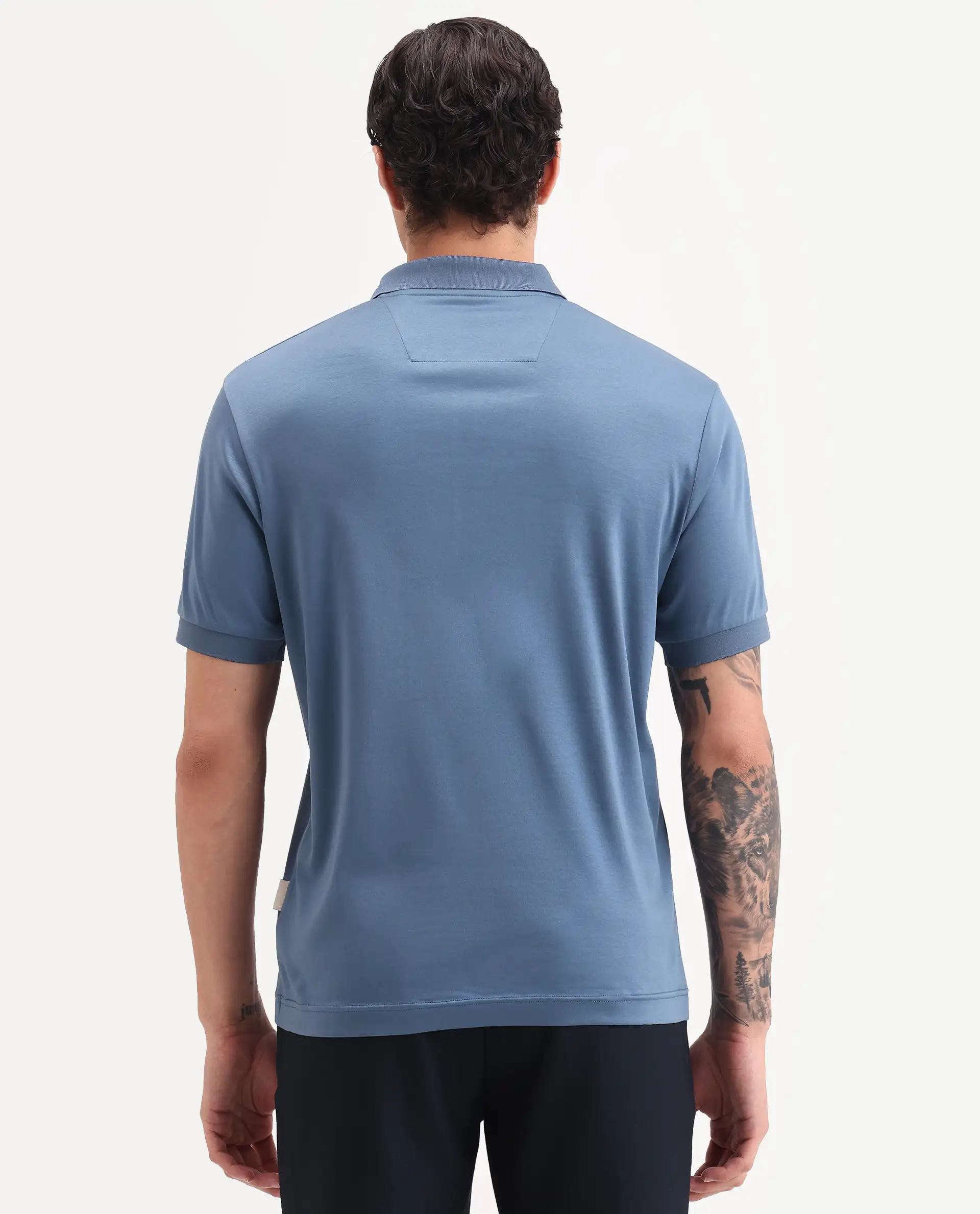 Rare Rabbit Men's Row-S26 Dusky Blue Cotton Fabric Half Sleeve Spread Collar Regular Fit Plain Polo - Image 6
