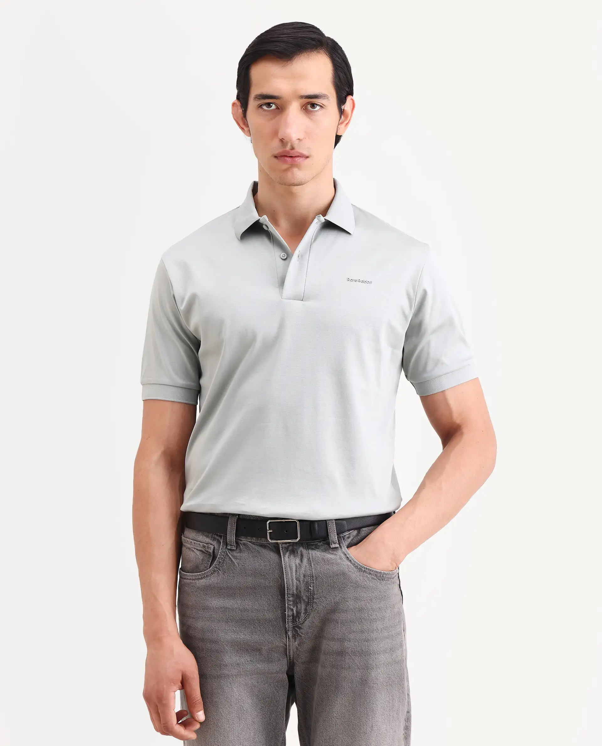 Rare Rabbit Men's Row-S26 Dusky Green Cotton Fabric Half Sleeve Spread Collar Regular Fit Plain Polo - Image 4