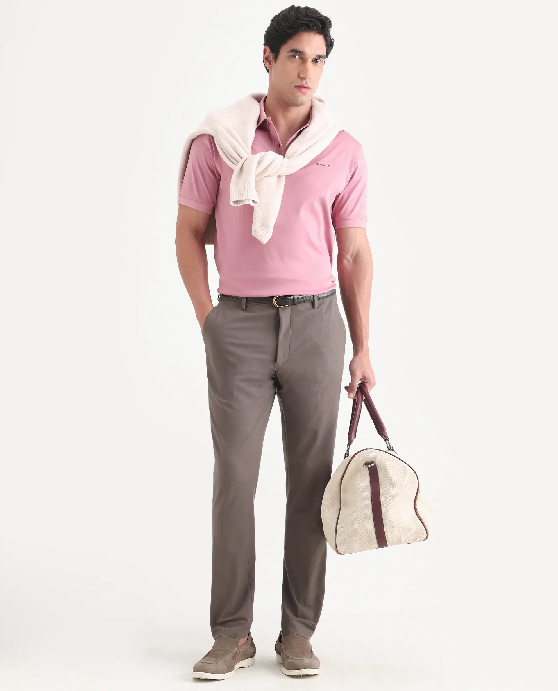 Rare Rabbit Men's Row-S26 Dusky Pink Cotton Fabric Half Sleeve Spread Collar Regular Fit Plain Polo - Image 2