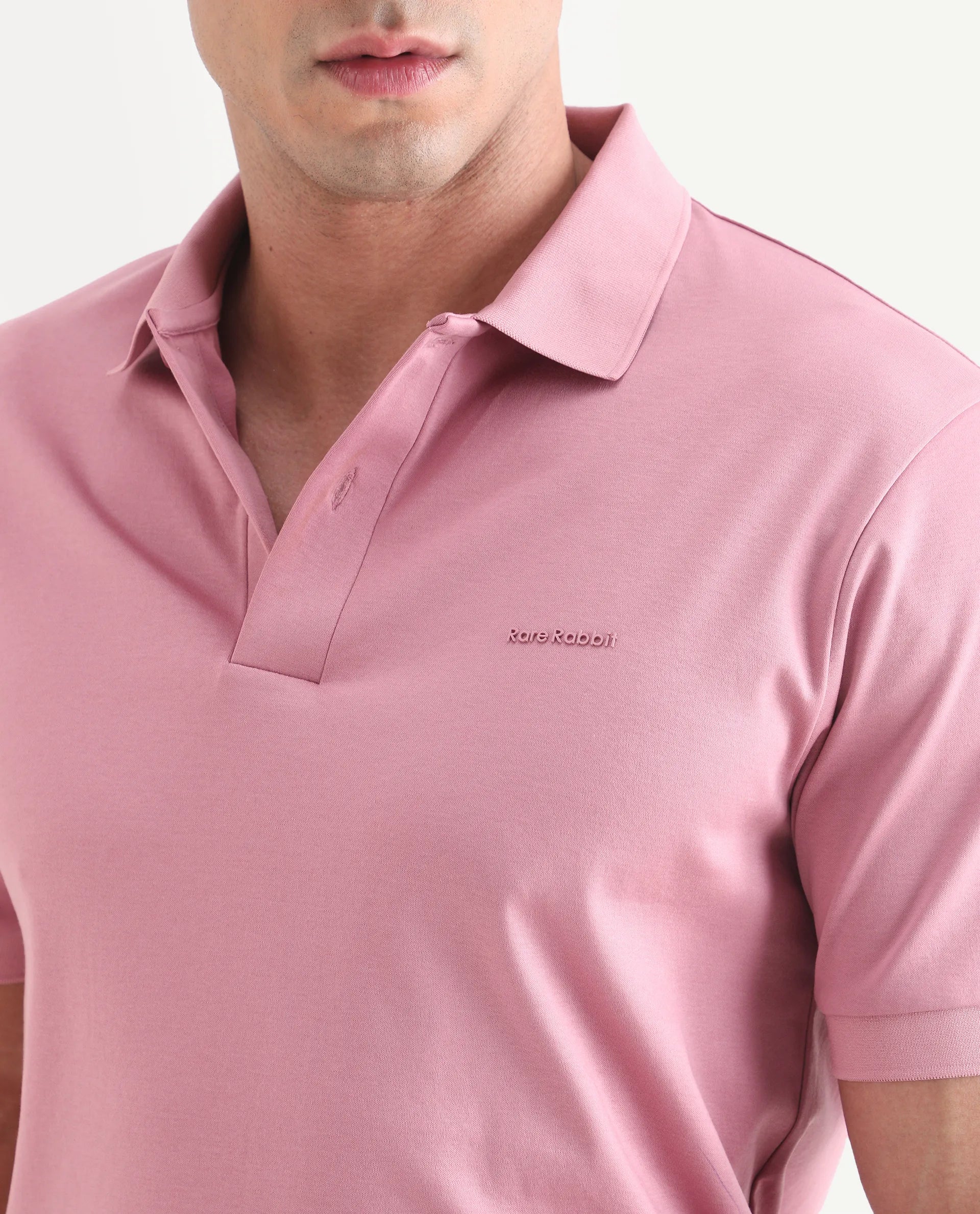 Rare Rabbit Men's Row-S26 Dusky Pink Cotton Fabric Half Sleeve Spread Collar Regular Fit Plain Polo - Image 3