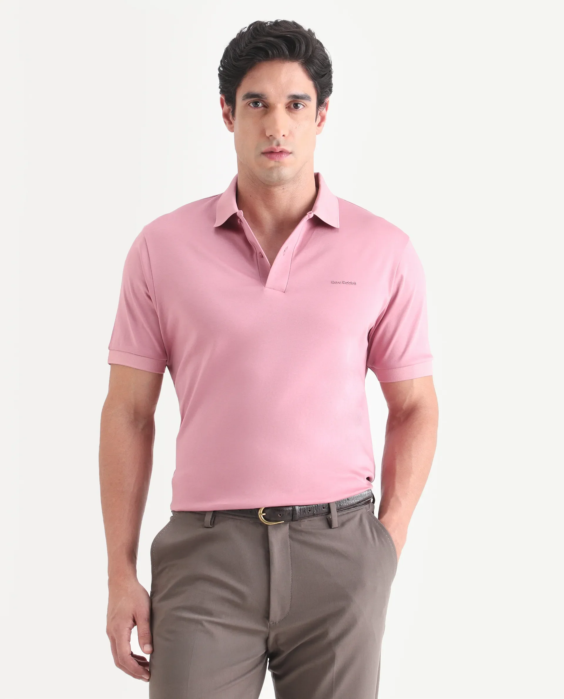 Rare Rabbit Men's Row-S26 Dusky Pink Cotton Fabric Half Sleeve Spread Collar Regular Fit Plain Polo - Image 4
