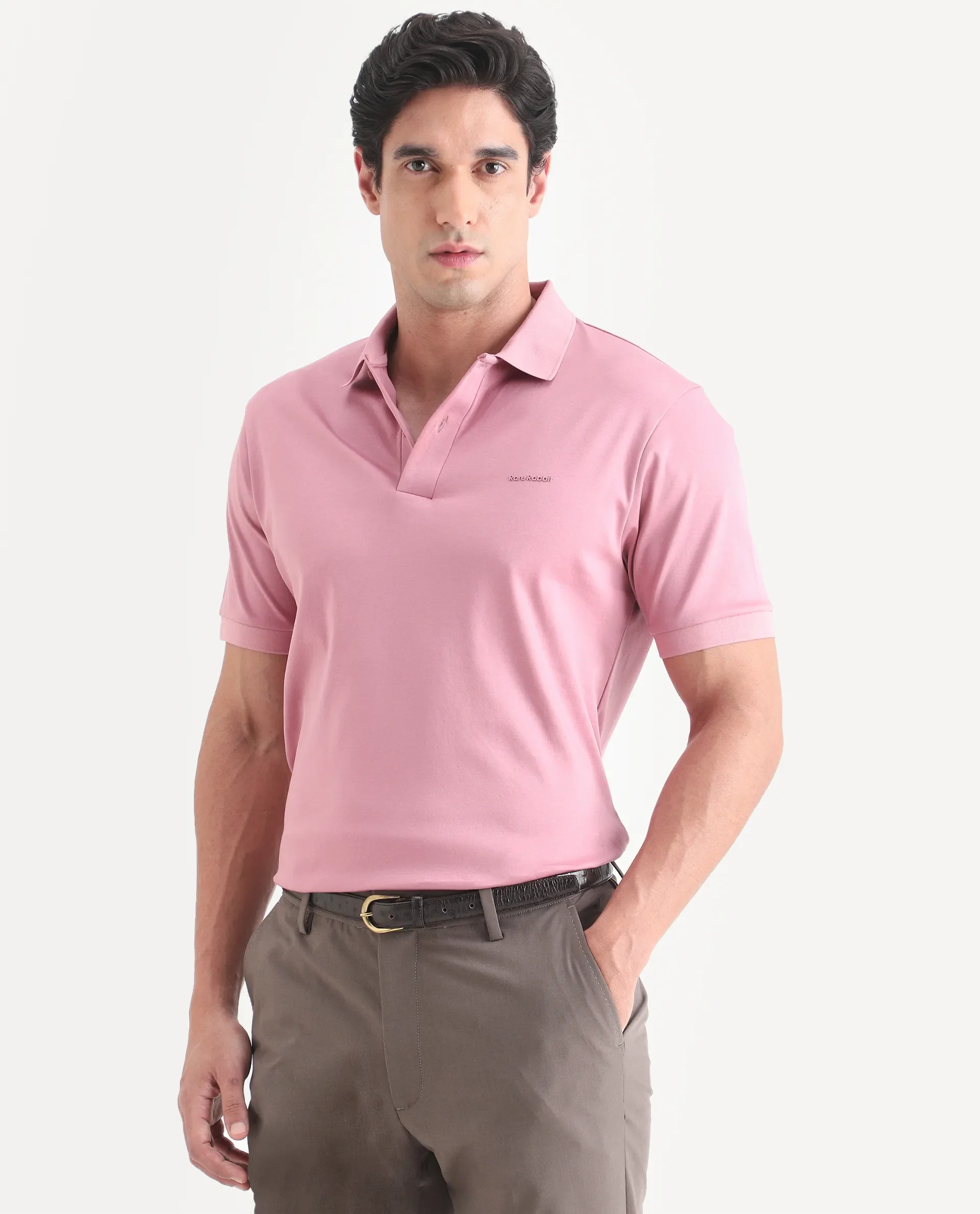 Rare Rabbit Men's Row-S26 Dusky Pink Cotton Fabric Half Sleeve Spread Collar Regular Fit Plain Polo - Image 5