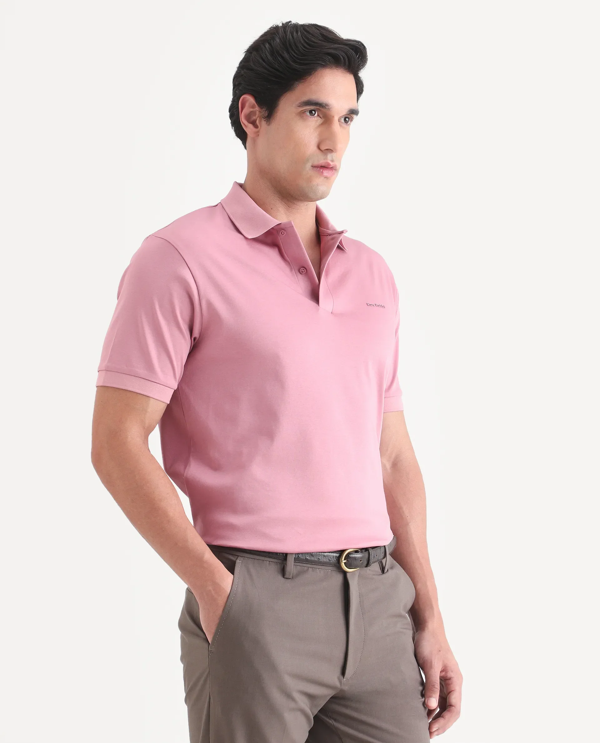 Rare Rabbit Men's Row-S26 Dusky Pink Cotton Fabric Half Sleeve Spread Collar Regular Fit Plain Polo - Image 6