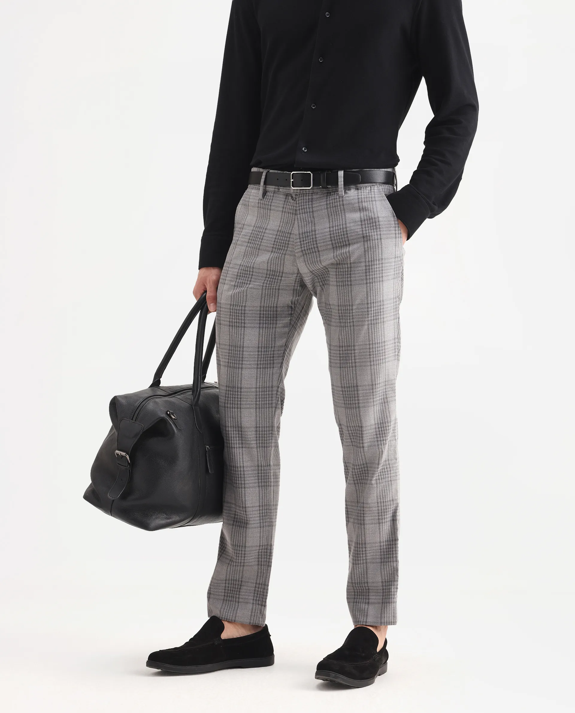 Rare Rabbit Men's Rowe Grey Polyester Checked Print Regular Fit Trouser - Image 2