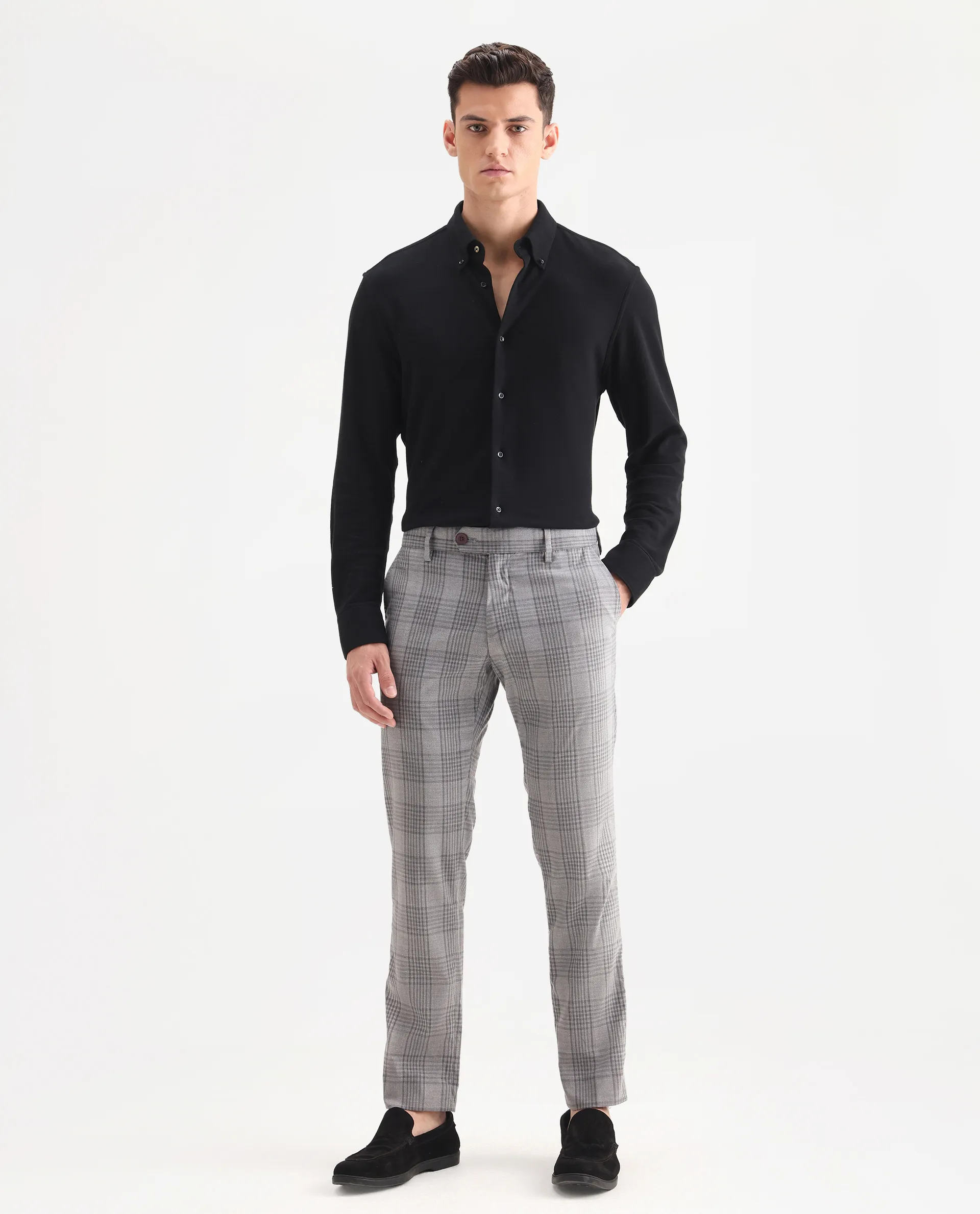 Rare Rabbit Men's Rowe Grey Polyester Checked Print Regular Fit Trouser - Image 4