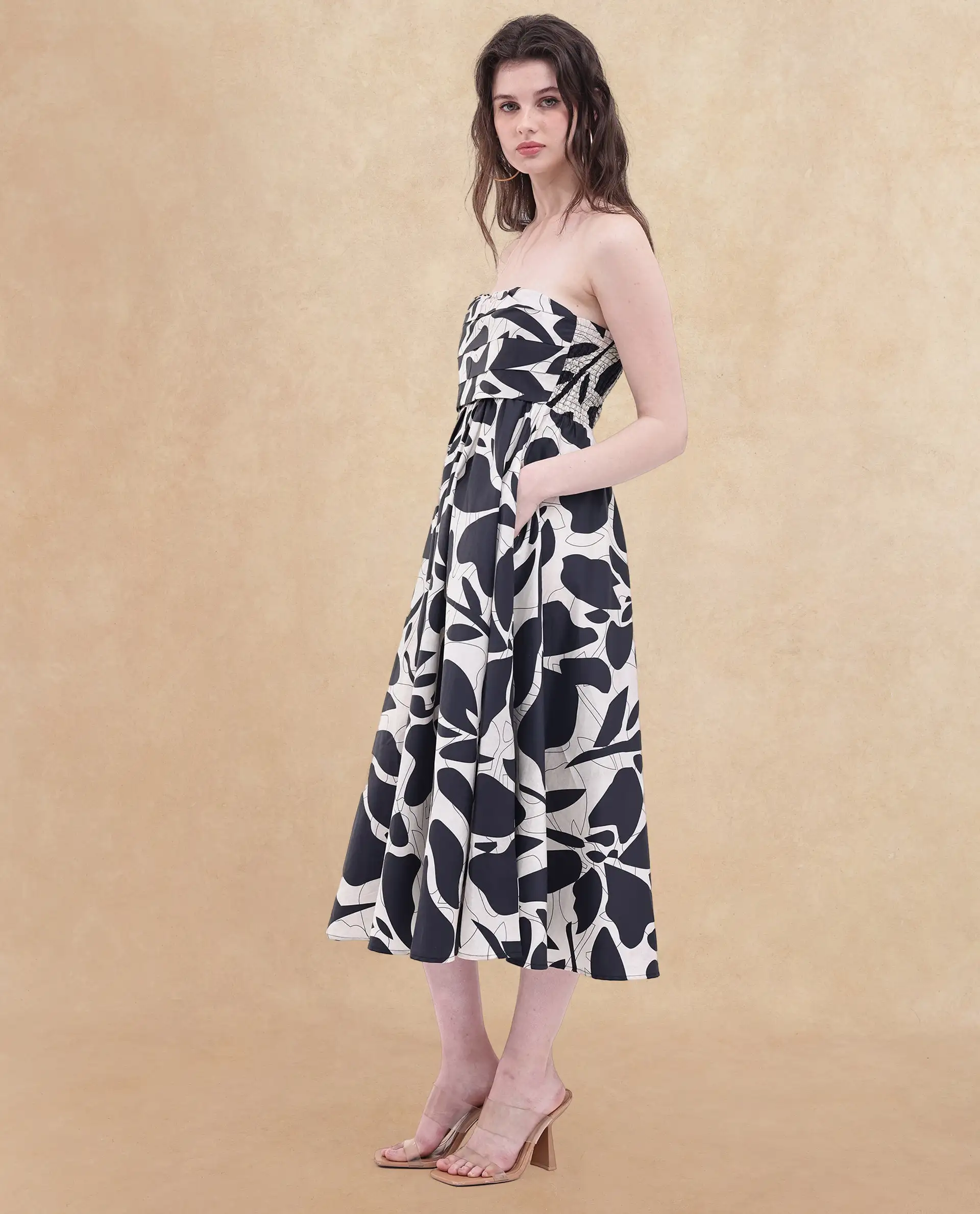 Rareism Women's Rowera Black Cotton Shoulder Strap Abstract Print Sleeveless Midi Fit And Flare Dress - Image 4