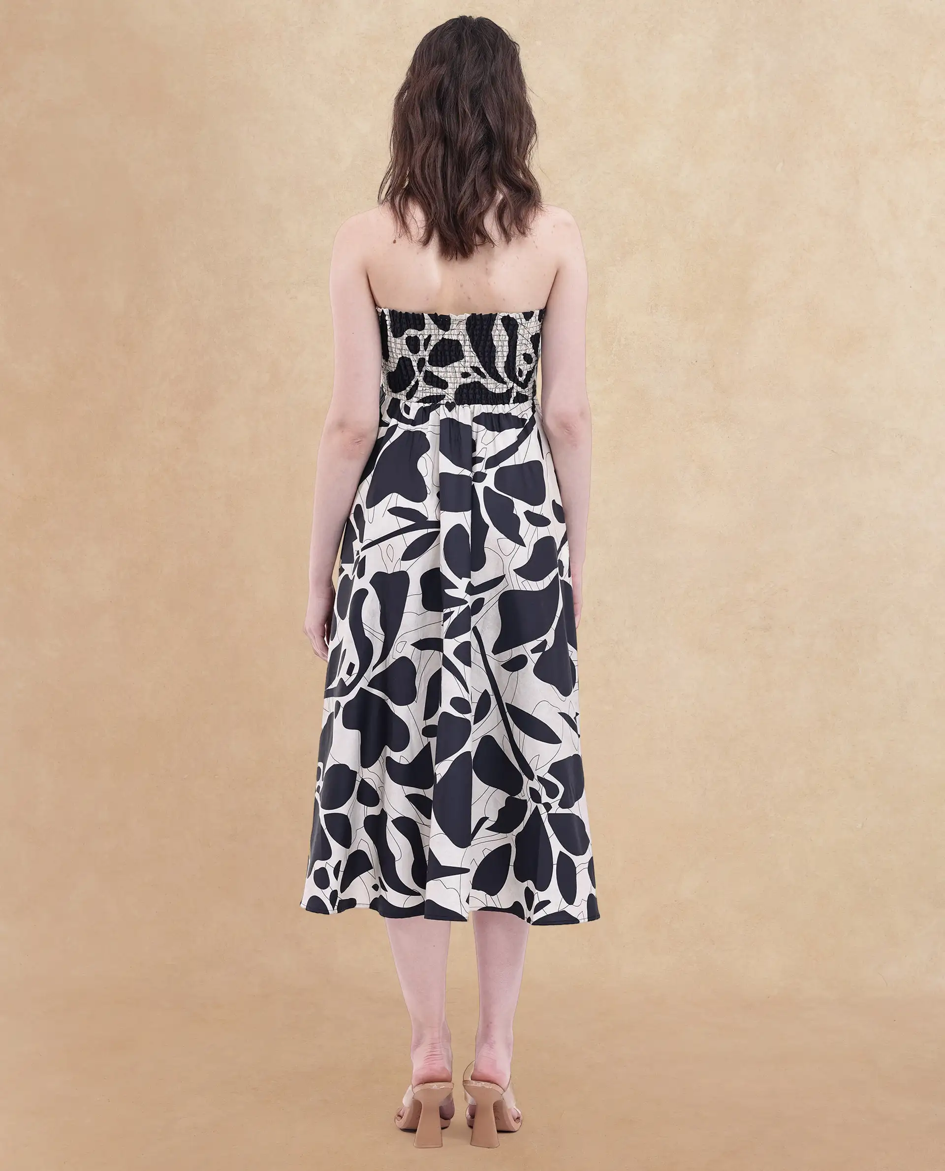 Rareism Women's Rowera Black Cotton Shoulder Strap Abstract Print Sleeveless Midi Fit And Flare Dress - Image 7