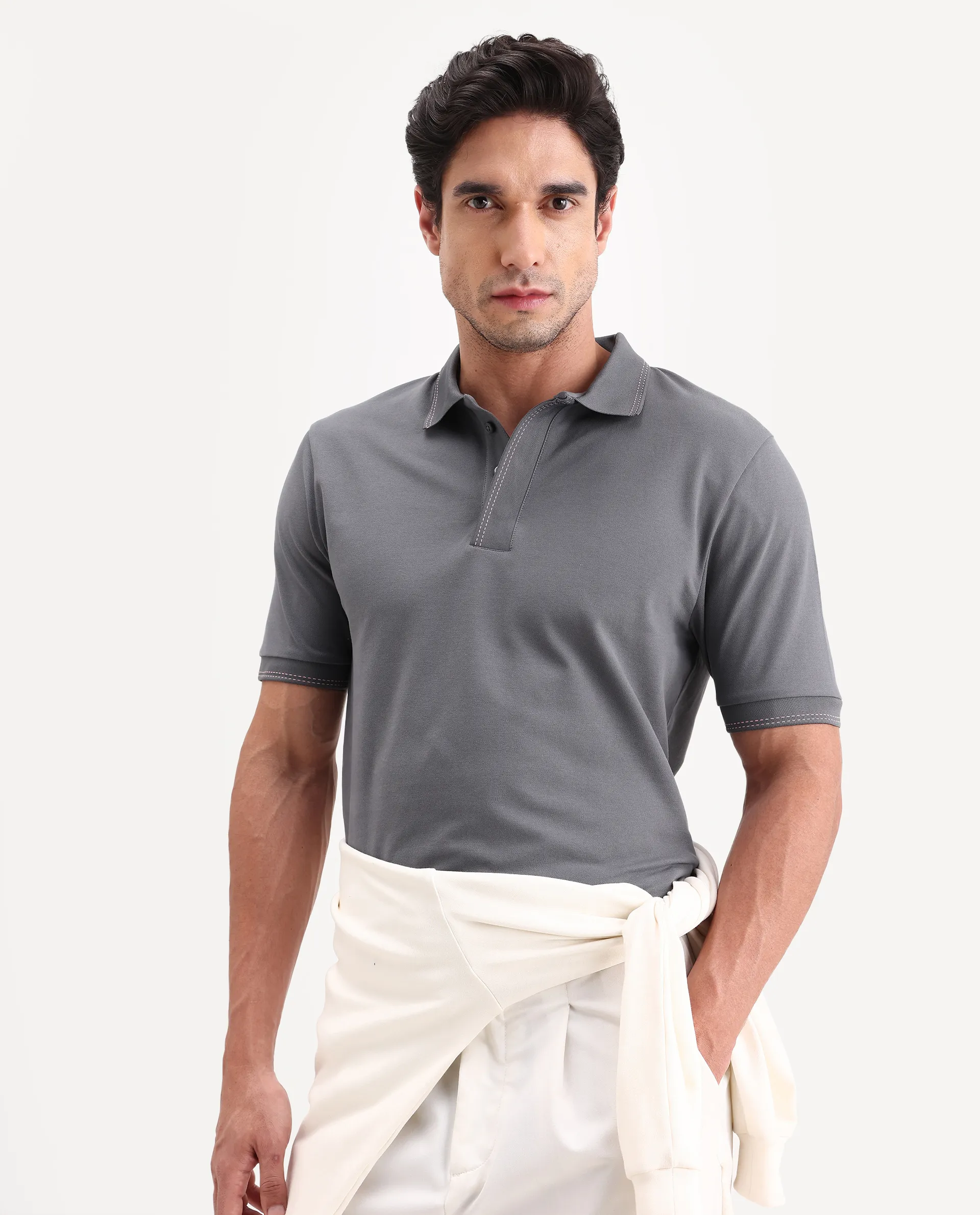 Rare Rabbit Men's Rowl-S26 Dark Grey Cotton Blend Fabric Half Sleeve Spread Collar Regular Fit Plain Polo