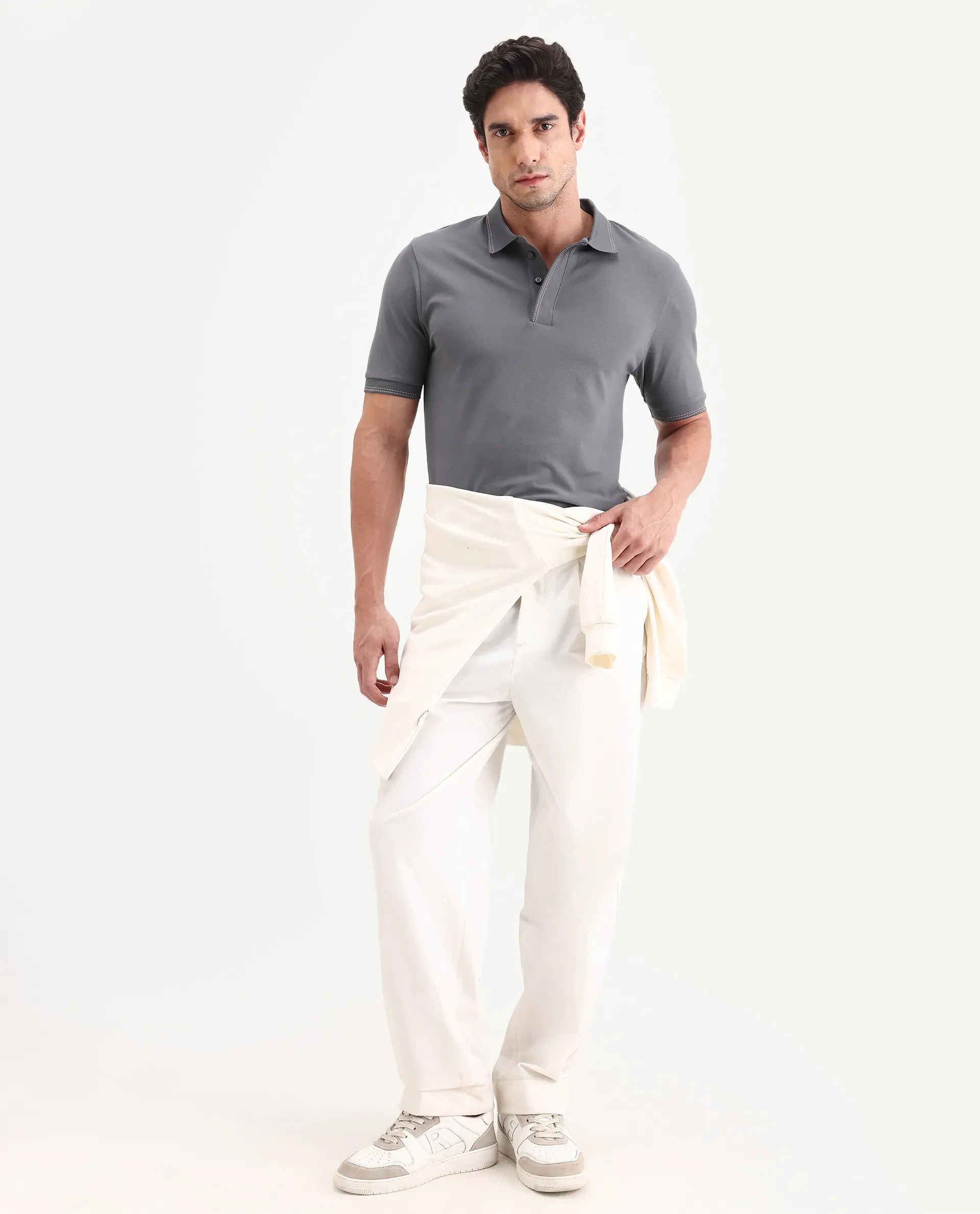 Rare Rabbit Men's Rowl-S26 Dark Grey Cotton Blend Fabric Half Sleeve Spread Collar Regular Fit Plain Polo - Image 2