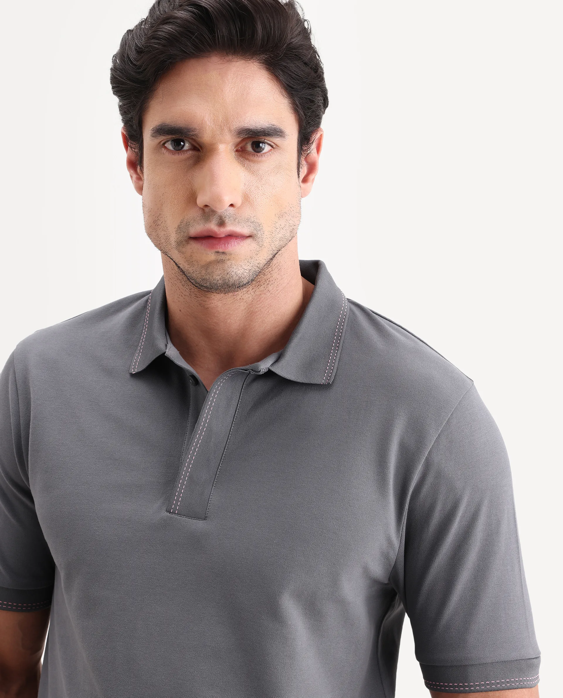 Rare Rabbit Men's Rowl-S26 Dark Grey Cotton Blend Fabric Half Sleeve Spread Collar Regular Fit Plain Polo - Image 3