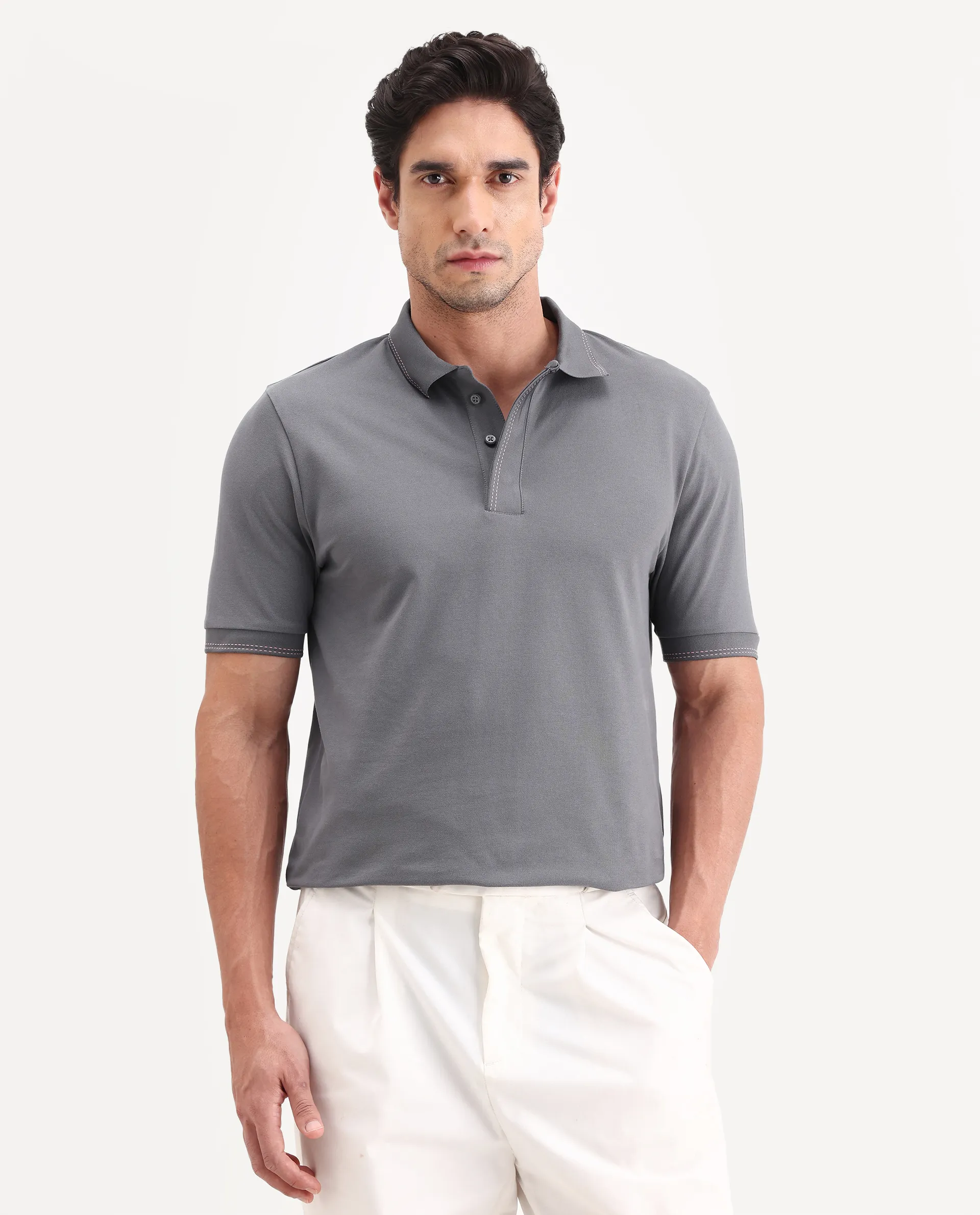 Rare Rabbit Men's Rowl-S26 Dark Grey Cotton Blend Fabric Half Sleeve Spread Collar Regular Fit Plain Polo - Image 4