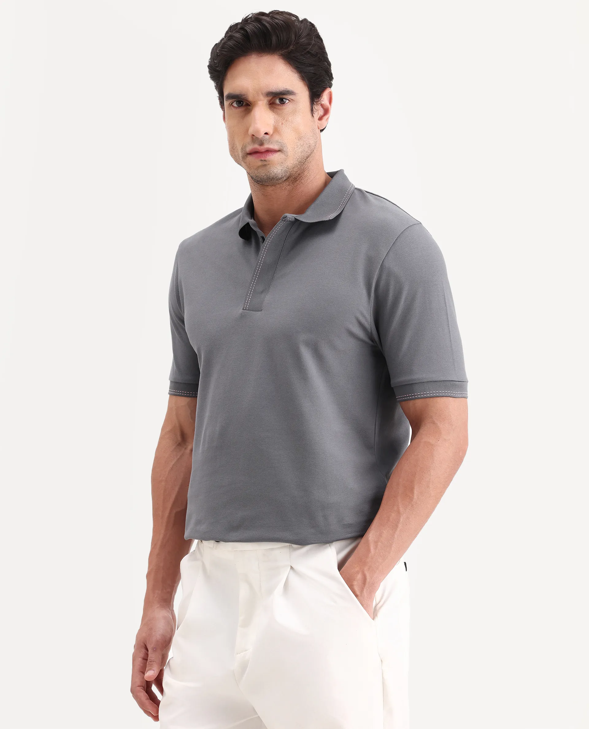 Rare Rabbit Men's Rowl-S26 Dark Grey Cotton Blend Fabric Half Sleeve Spread Collar Regular Fit Plain Polo - Image 5