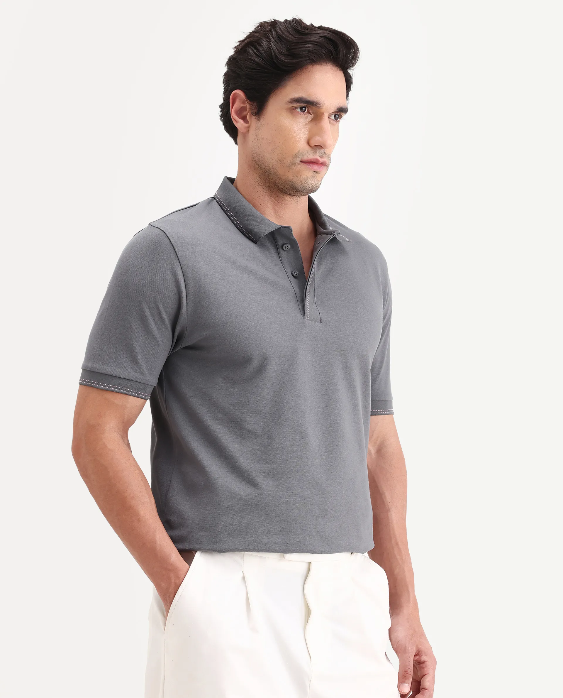 Rare Rabbit Men's Rowl-S26 Dark Grey Cotton Blend Fabric Half Sleeve Spread Collar Regular Fit Plain Polo - Image 6