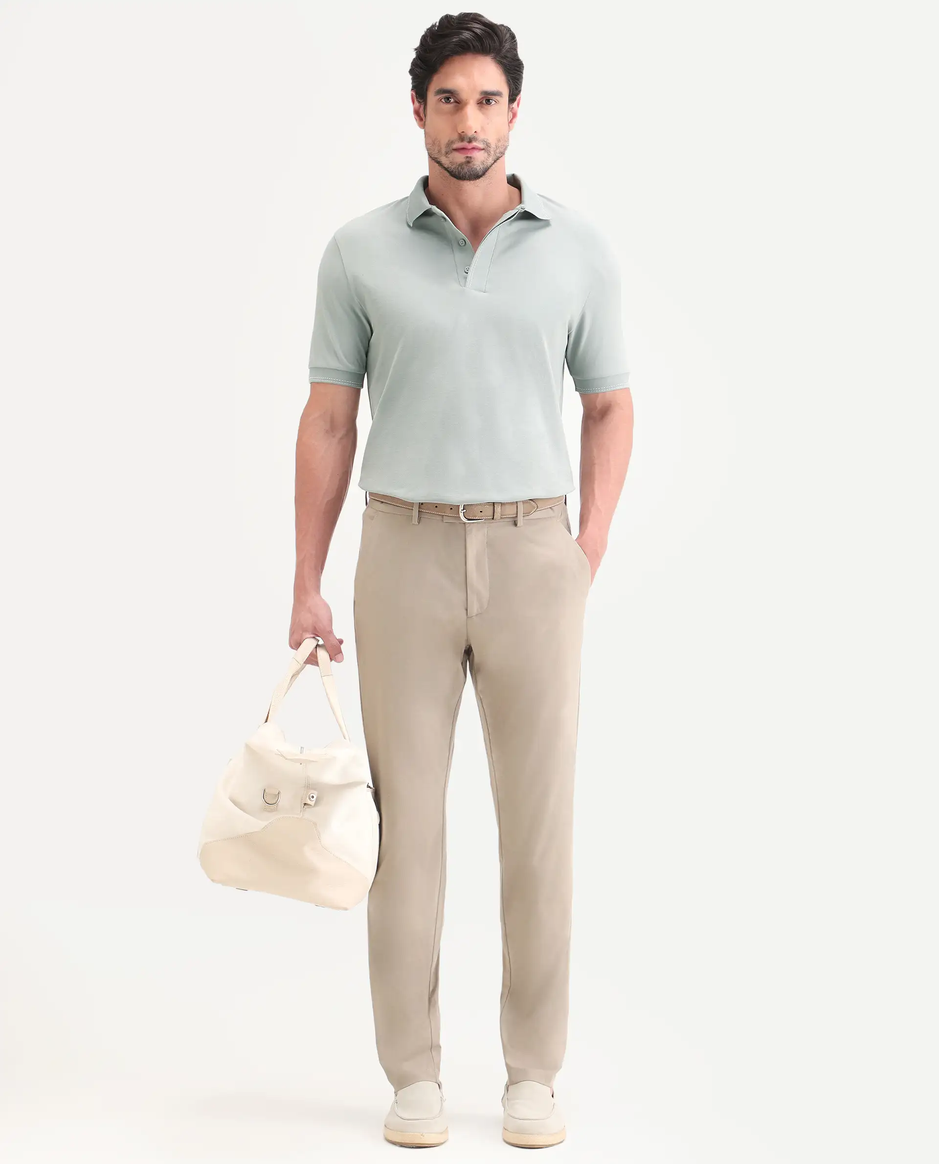 Rare Rabbit Men's Rowl-S26 Dusky Green Cotton Blend Fabric Half Sleeve Spread Collar Regular Fit Plain Polo - Image 2