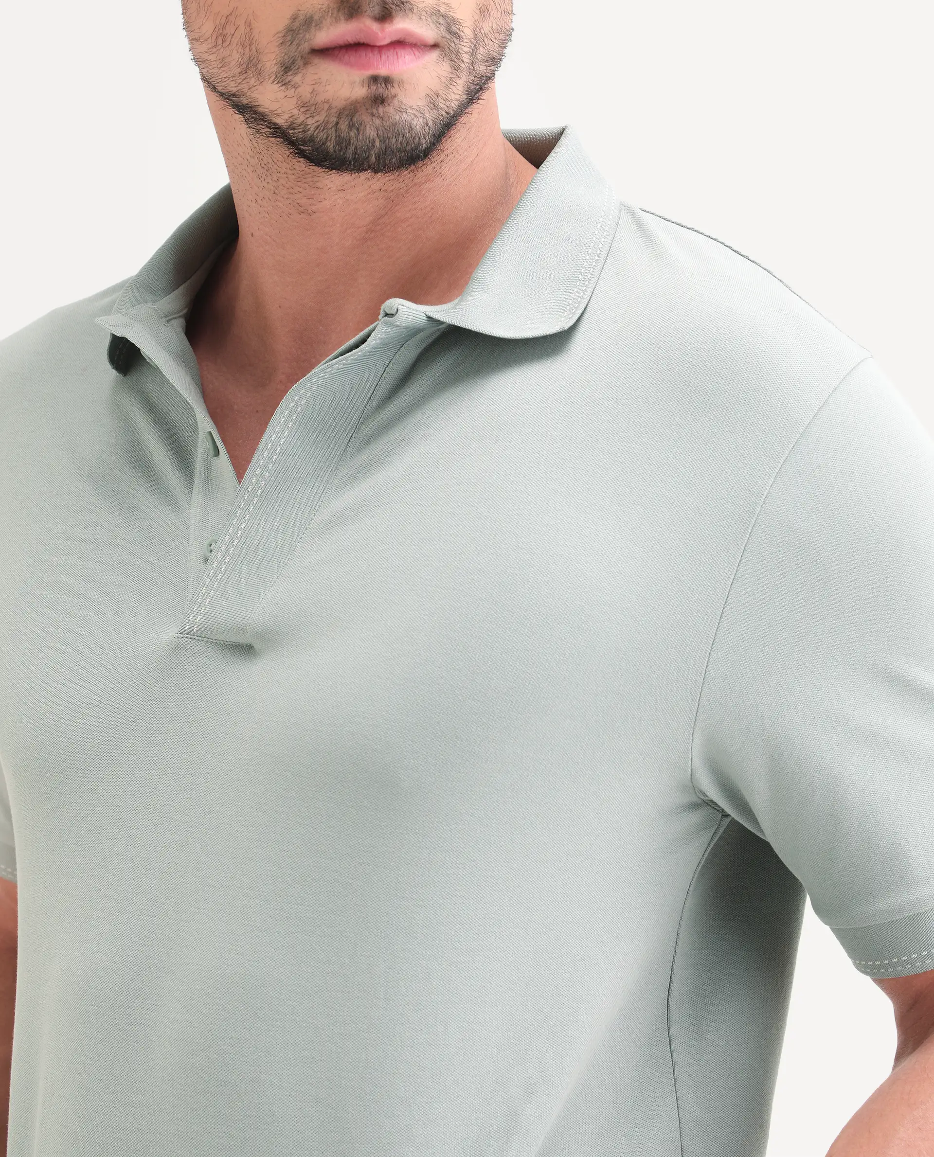 Rare Rabbit Men's Rowl-S26 Dusky Green Cotton Blend Fabric Half Sleeve Spread Collar Regular Fit Plain Polo - Image 3