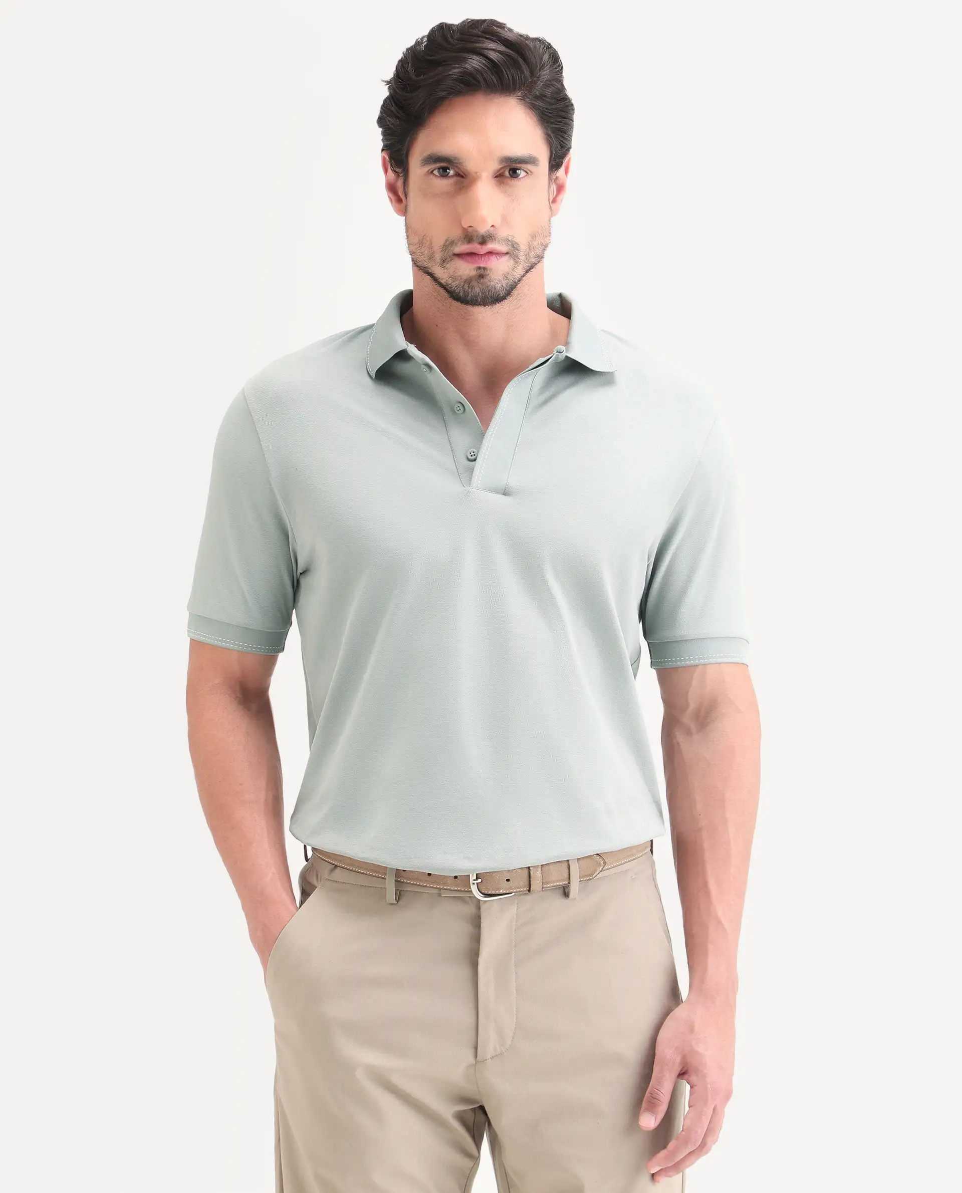 Rare Rabbit Men's Rowl-S26 Dusky Green Cotton Blend Fabric Half Sleeve Spread Collar Regular Fit Plain Polo - Image 4
