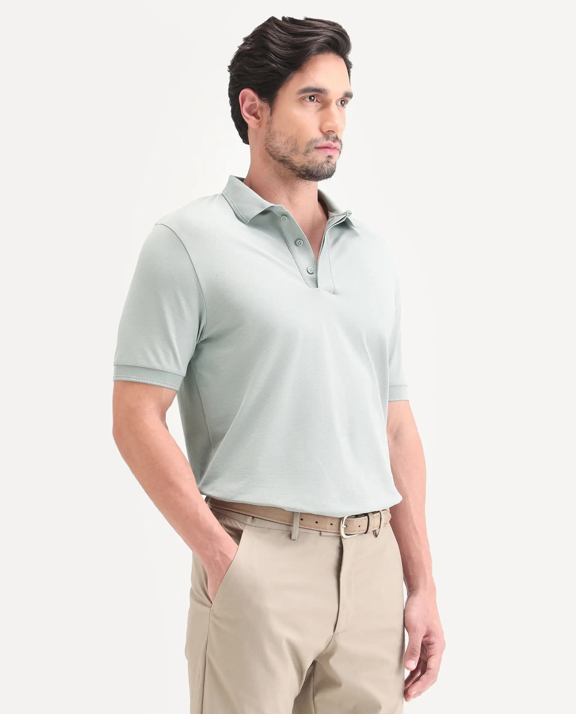 Rare Rabbit Men's Rowl-S26 Dusky Green Cotton Blend Fabric Half Sleeve Spread Collar Regular Fit Plain Polo - Image 5