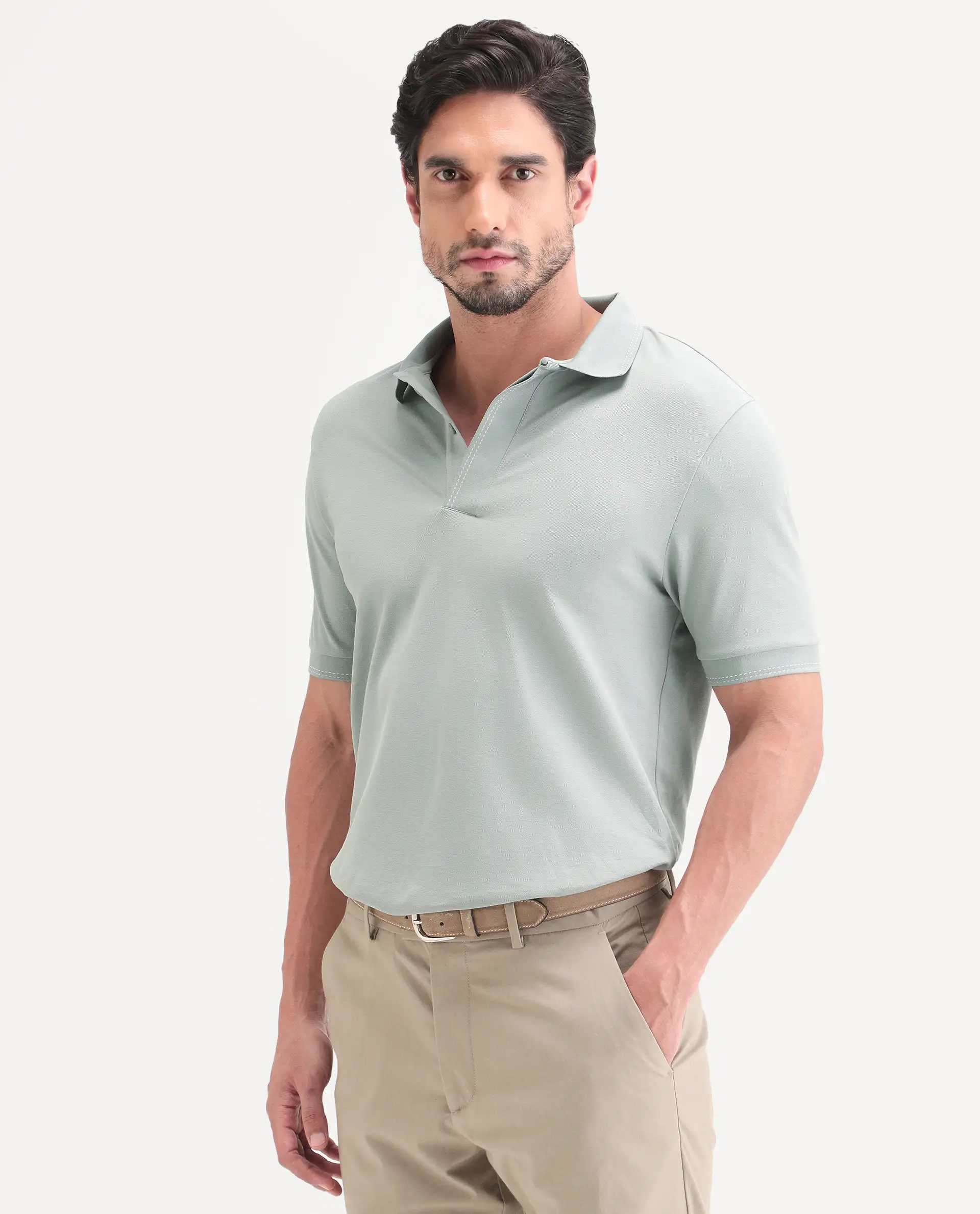Rare Rabbit Men's Rowl-S26 Dusky Green Cotton Blend Fabric Half Sleeve Spread Collar Regular Fit Plain Polo - Image 6