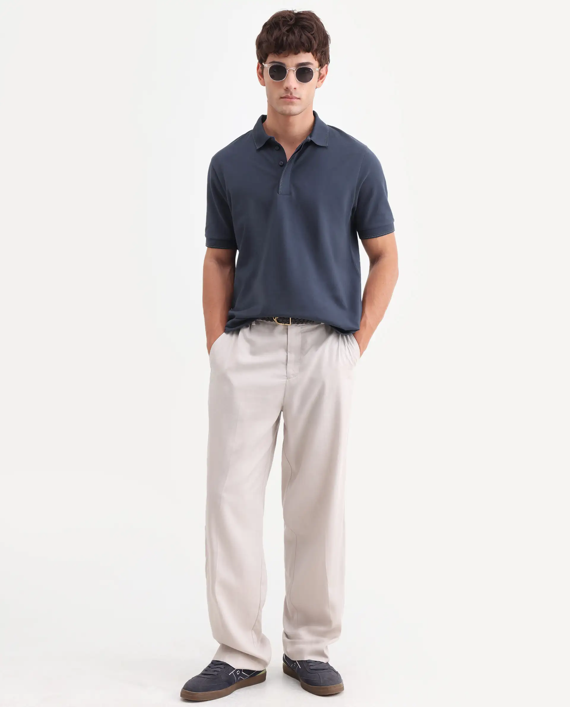 Rare Rabbit Men's Rowl-S26 Navy Cotton Blend Fabric Half Sleeve Spread Collar Regular Fit Plain Polo - Image 2
