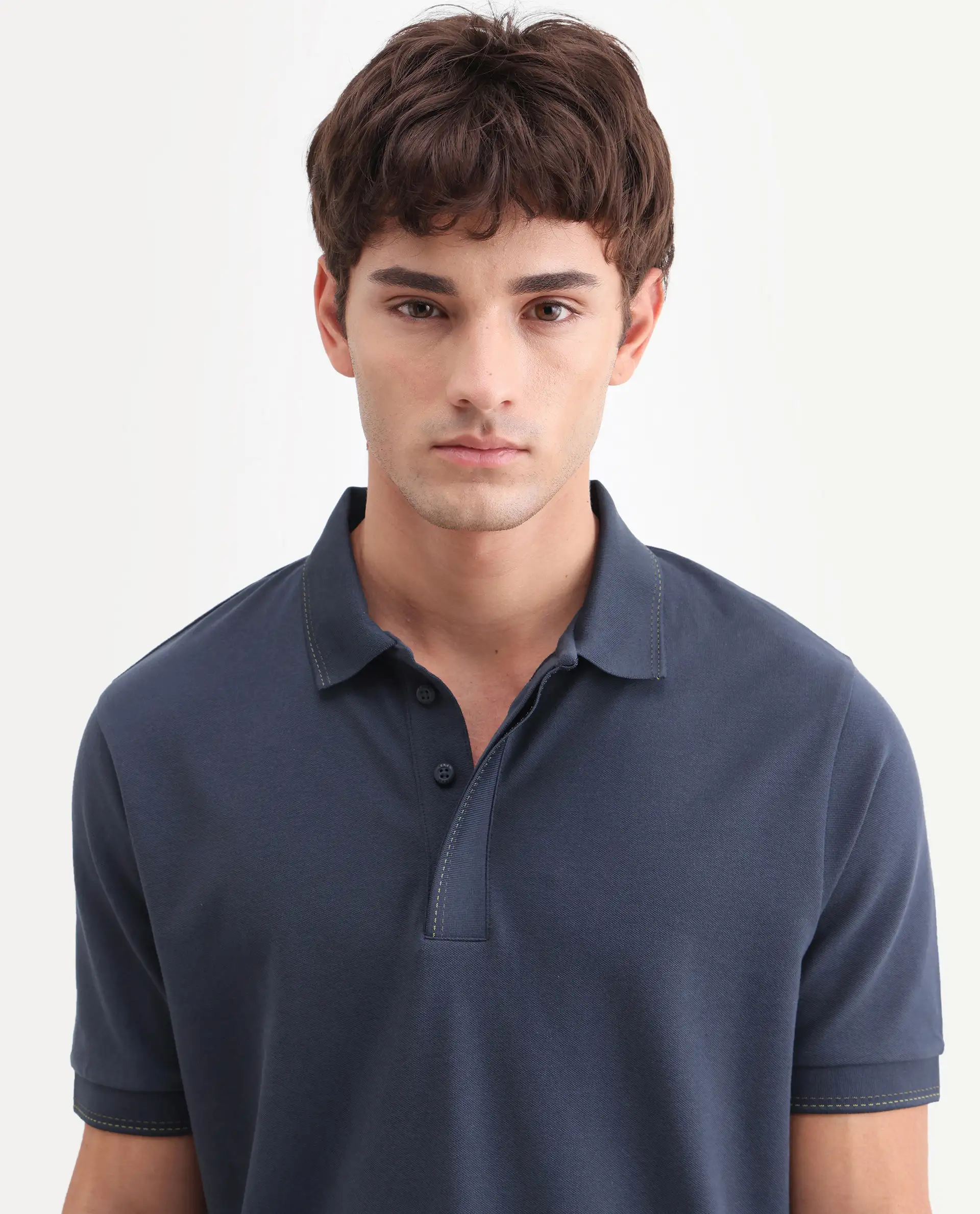 Rare Rabbit Men's Rowl-S26 Navy Cotton Blend Fabric Half Sleeve Spread Collar Regular Fit Plain Polo - Image 3