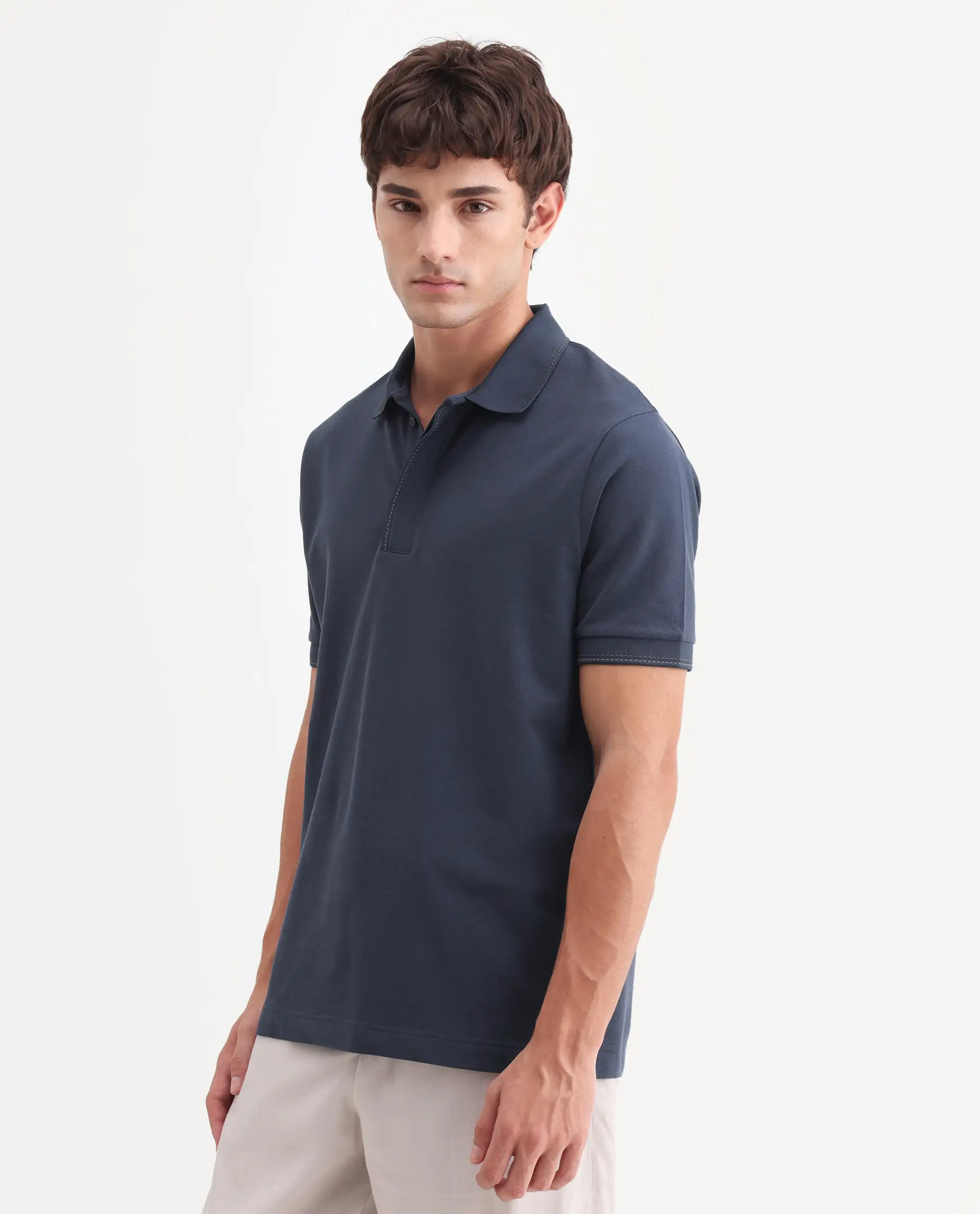 Rare Rabbit Men's Rowl-S26 Navy Cotton Blend Fabric Half Sleeve Spread Collar Regular Fit Plain Polo - Image 4