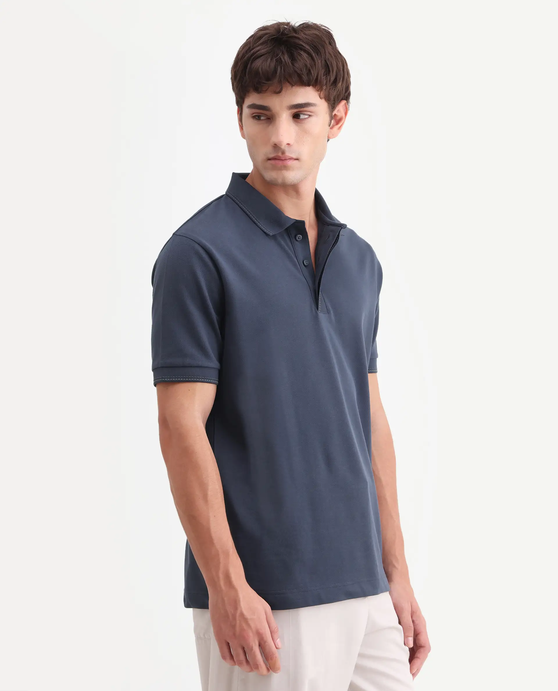 Rare Rabbit Men's Rowl-S26 Navy Cotton Blend Fabric Half Sleeve Spread Collar Regular Fit Plain Polo - Image 5