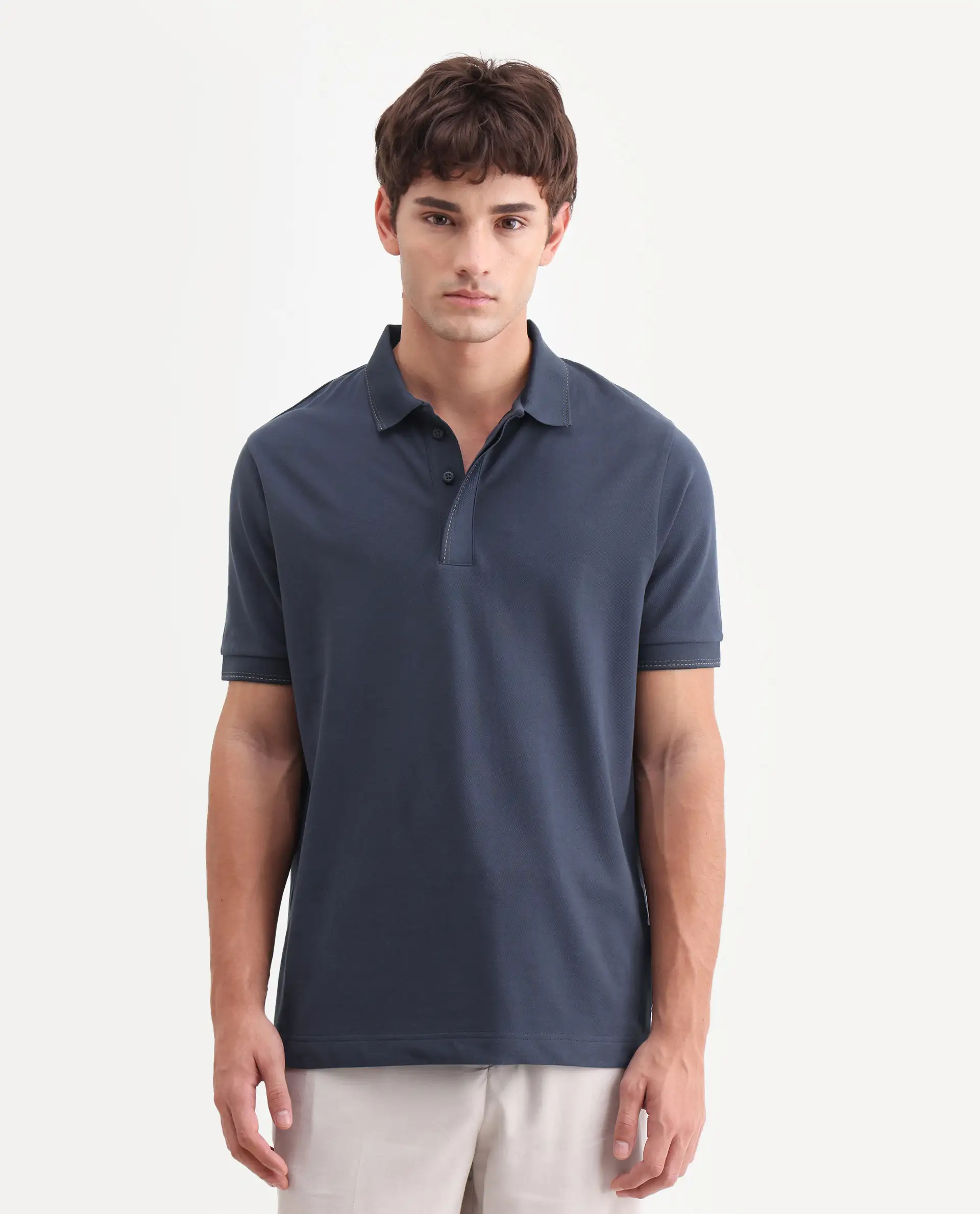 Rare Rabbit Men's Rowl-S26 Navy Cotton Blend Fabric Half Sleeve Spread Collar Regular Fit Plain Polo - Image 6