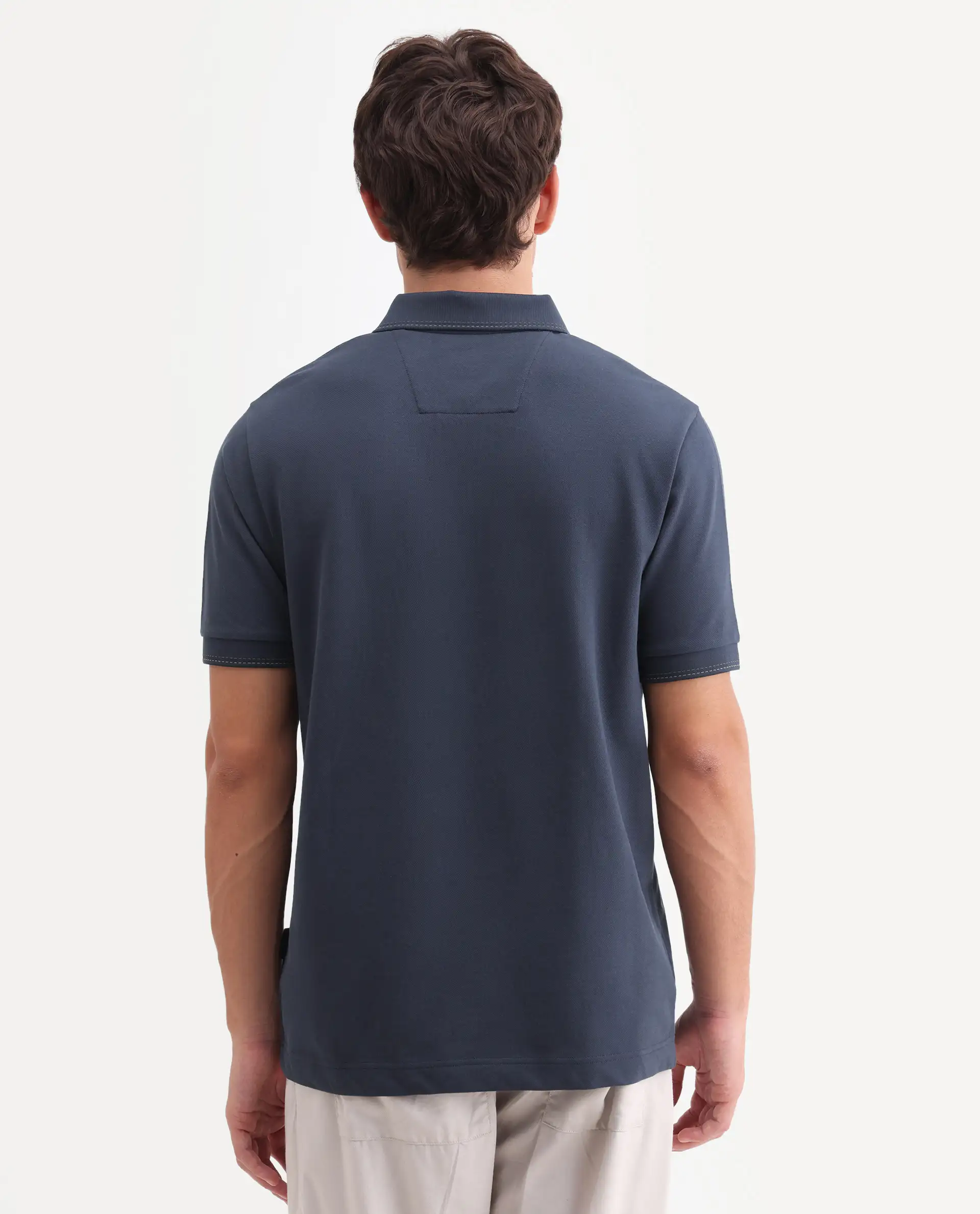 Rare Rabbit Men's Rowl-S26 Navy Cotton Blend Fabric Half Sleeve Spread Collar Regular Fit Plain Polo - Image 7