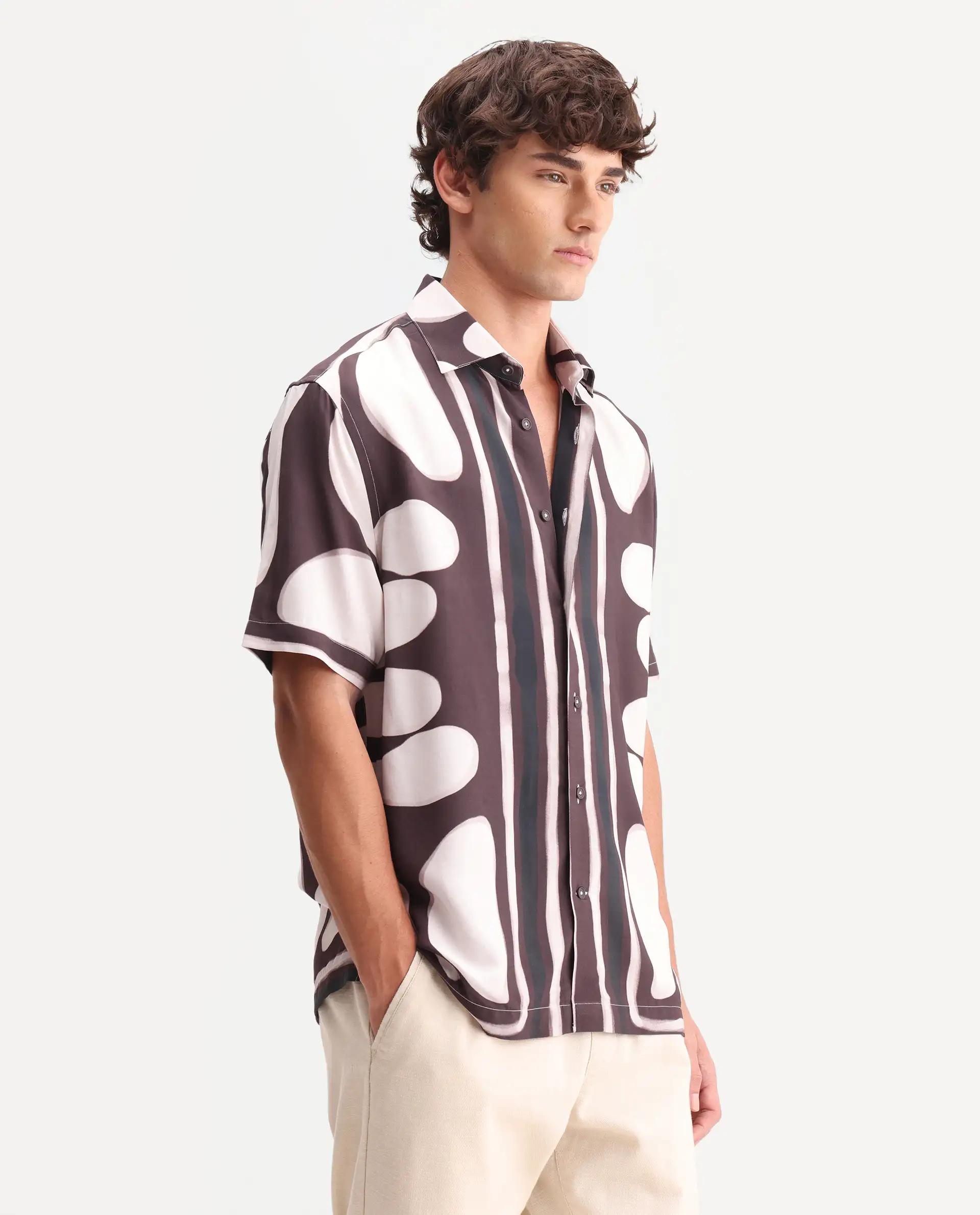 Rare Rabbit Men's Rown Brown Viscose Fabric Spread Collar Regular Abstract Print Shirt - Image 5