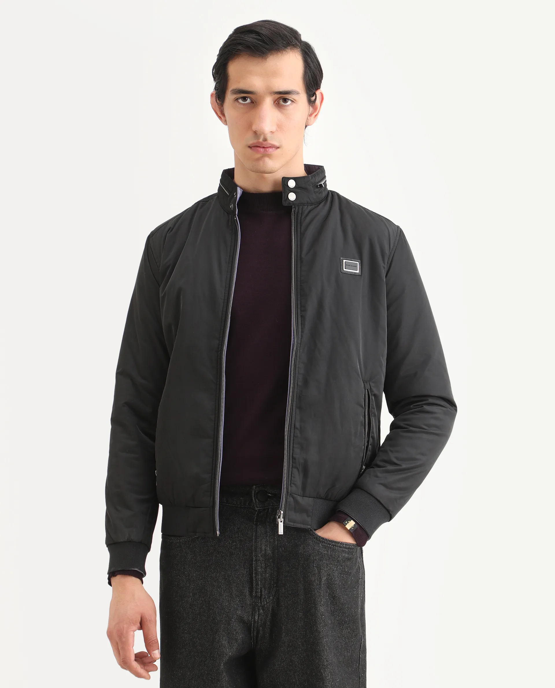 Rare Rabbit Men's Royban-2 Black Polyester Plain Regular Fit Full Sleeve High Neck Jacket - Image 2