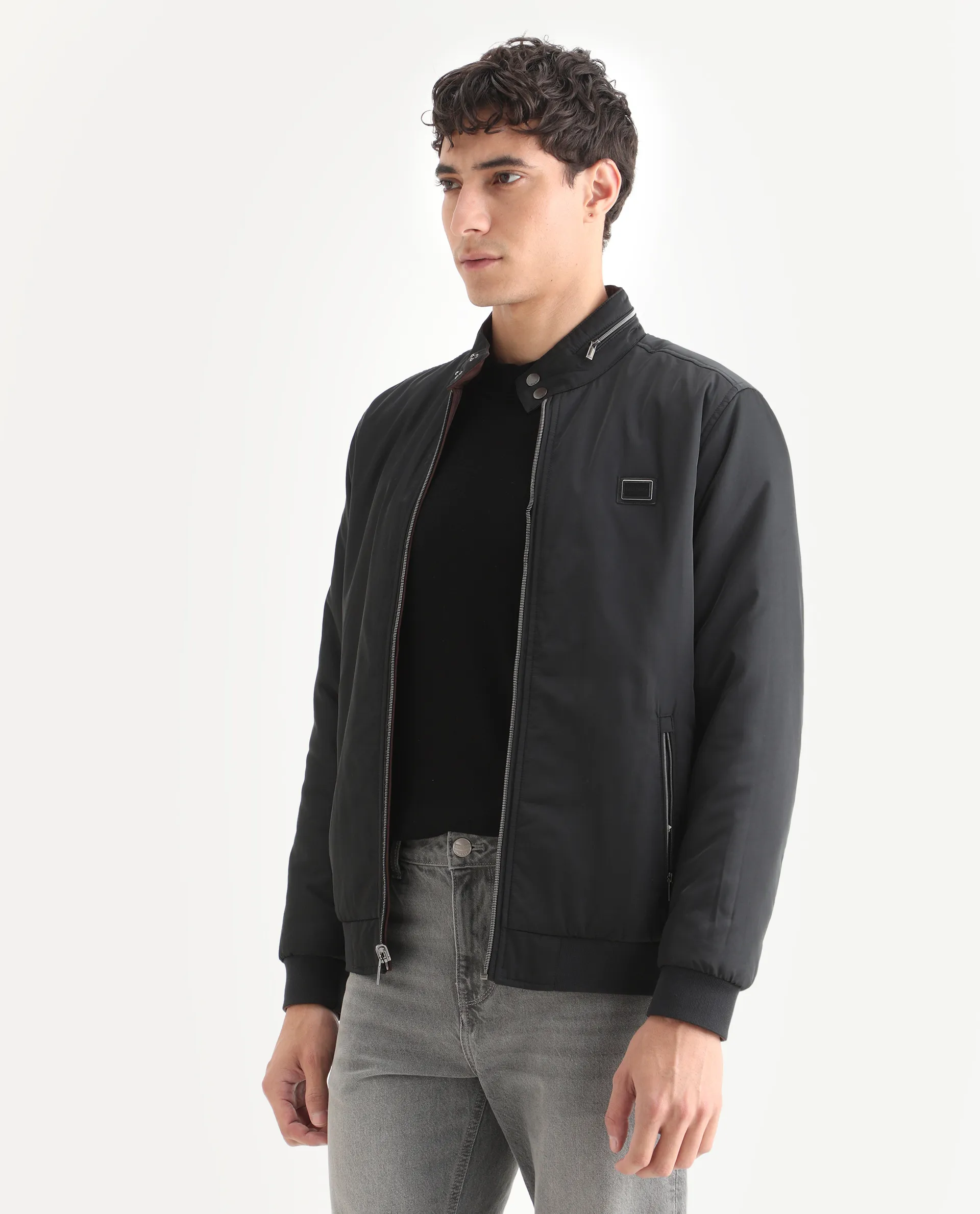 Rare Rabbit Men's Royban-25 Black Polyester Plain Regular Fit Full Sleeve High Neck Jacket - Image 4