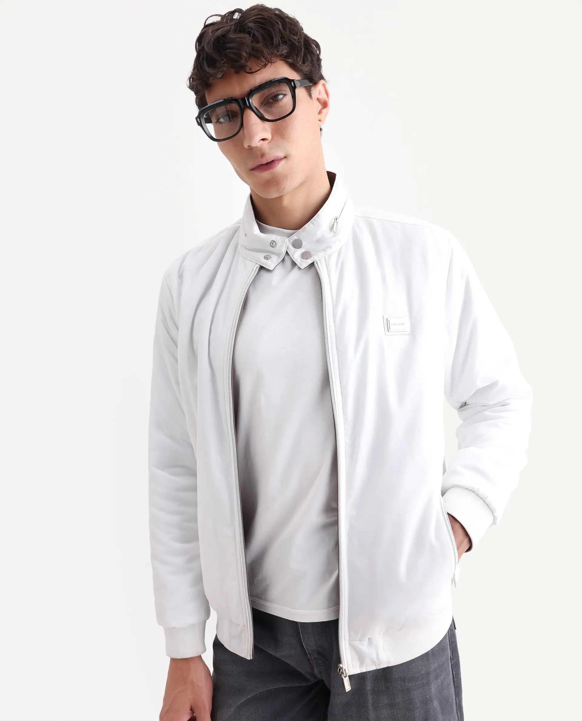 Rare Rabbit Men's Royban-25 Off White Polyester Plain Regular Fit Full Sleeve High Neck Jacket - Image 3