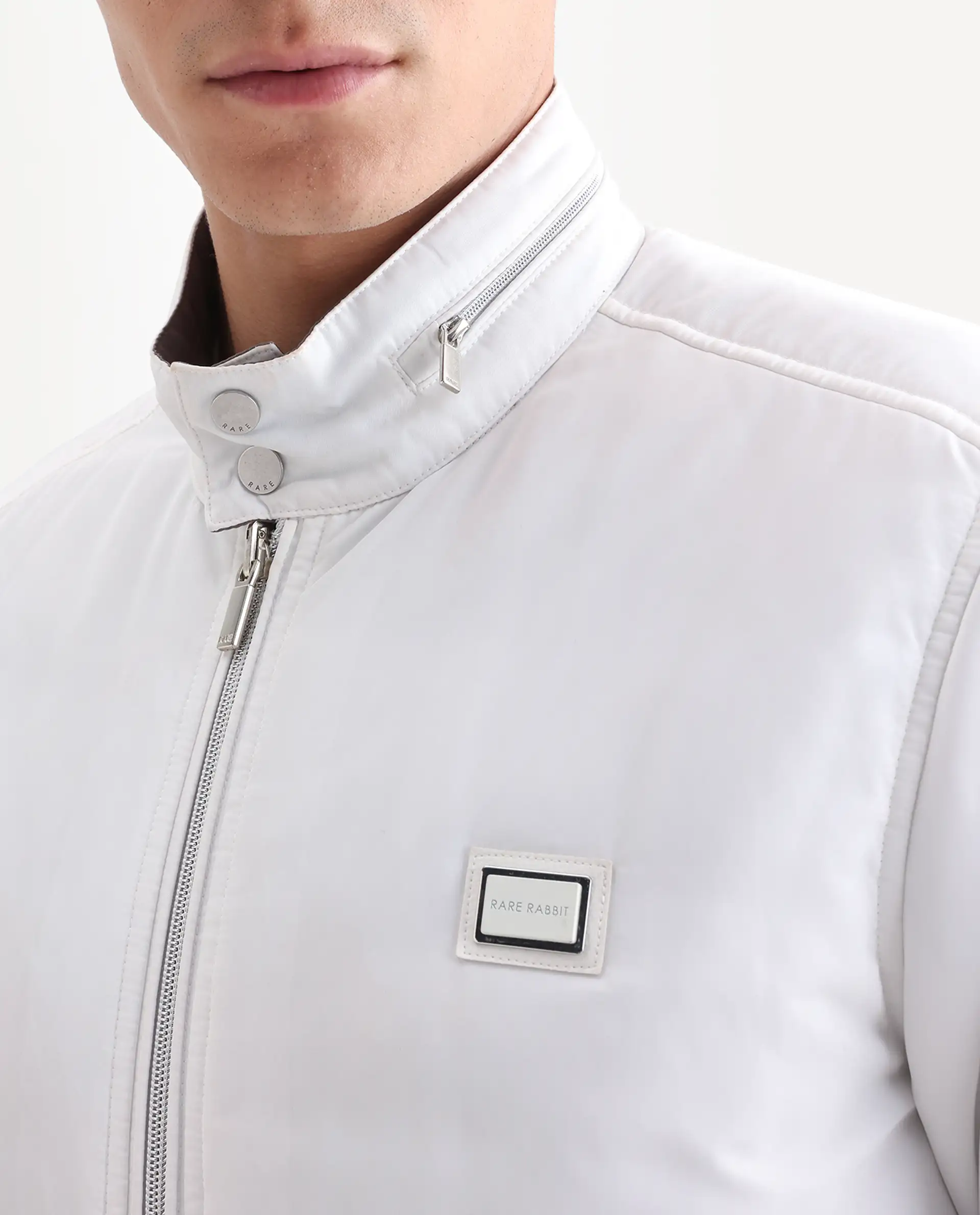 Rare Rabbit Men's Royban-25 Off White Polyester Plain Regular Fit Full Sleeve High Neck Jacket - Image 5