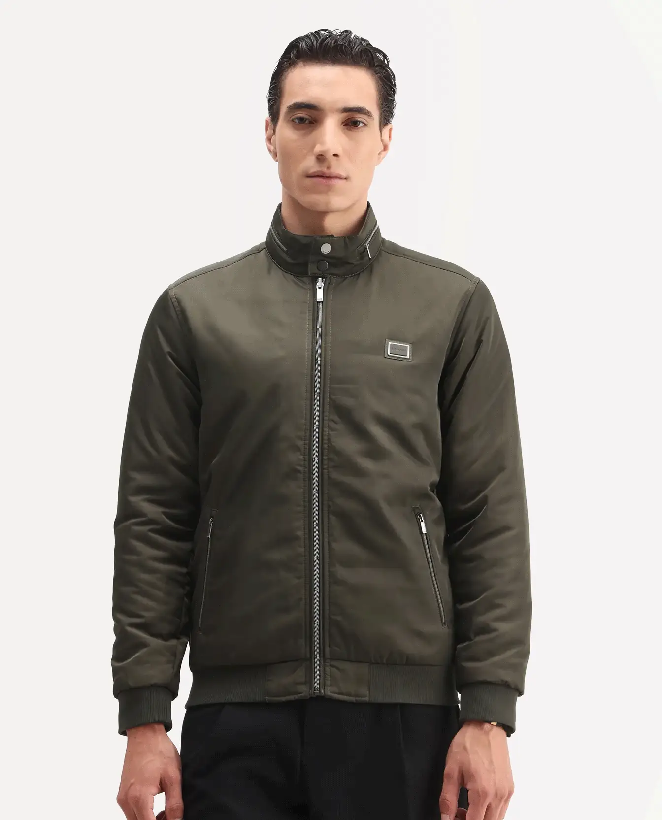 Rare Rabbit Men's Royban-25 Olive Polyester Plain Regular Fit Full Sleeve High Neck Jacket
