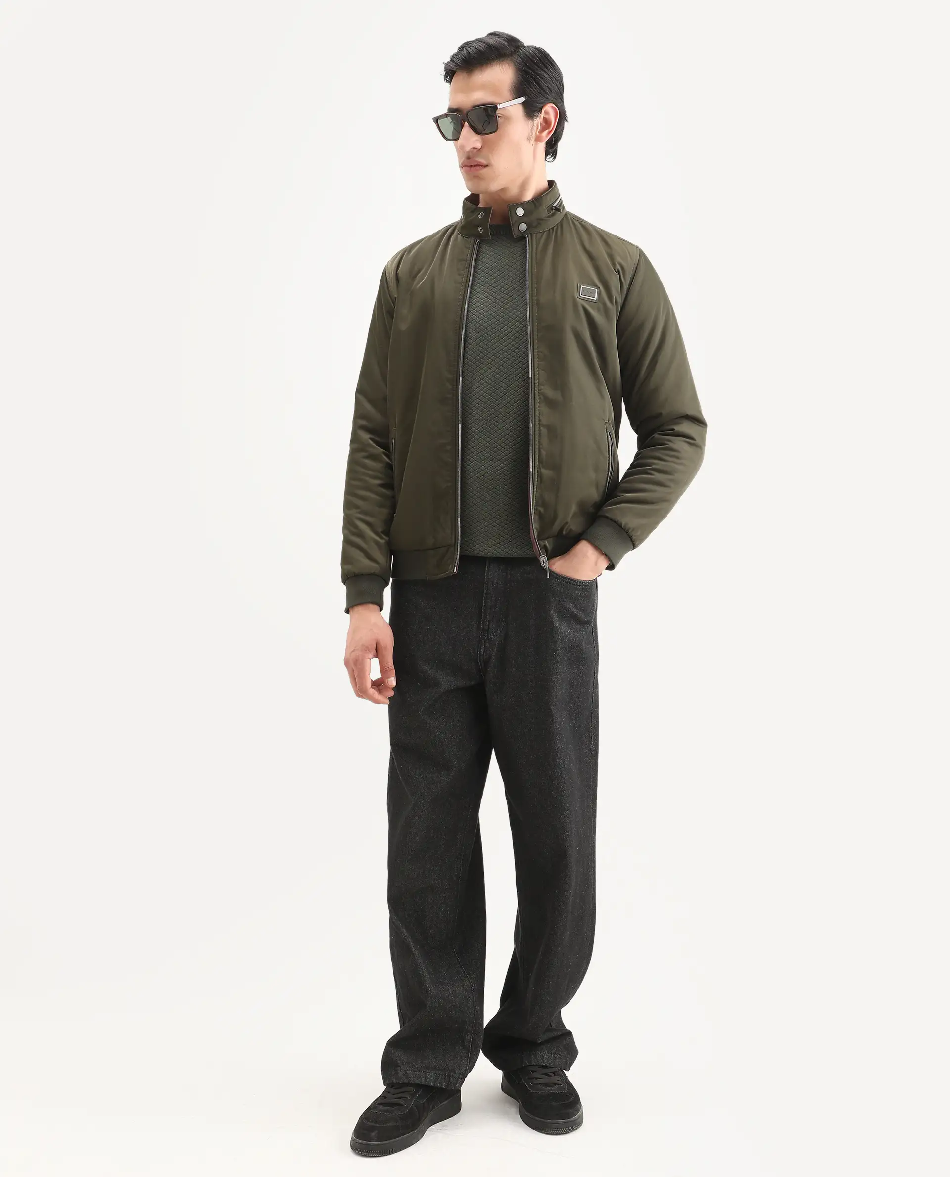 Rare Rabbit Men's Royban-25 Olive Polyester Plain Regular Fit Full Sleeve High Neck Jacket - Image 2