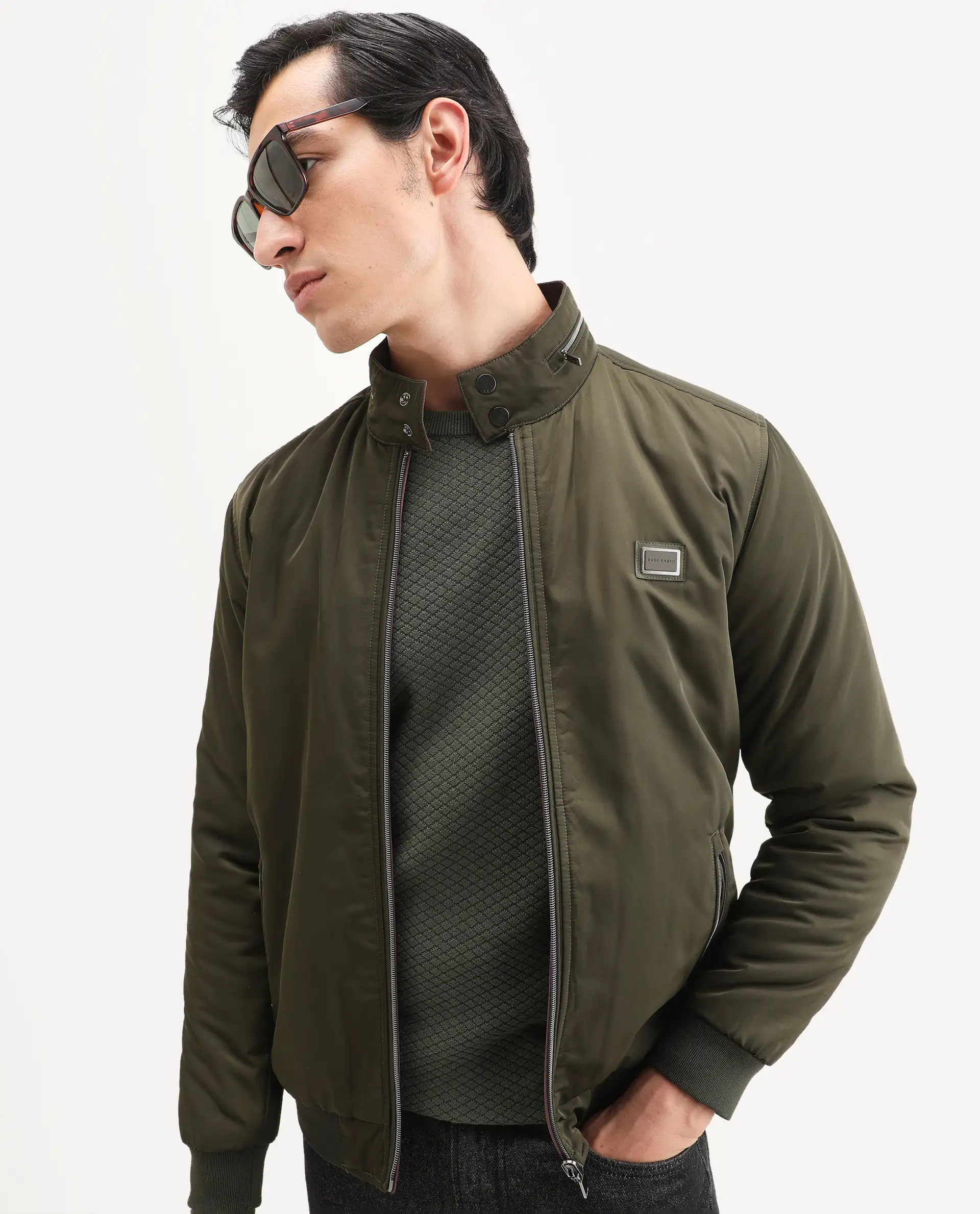 Rare Rabbit Men's Royban-25 Olive Polyester Plain Regular Fit Full Sleeve High Neck Jacket - Image 7