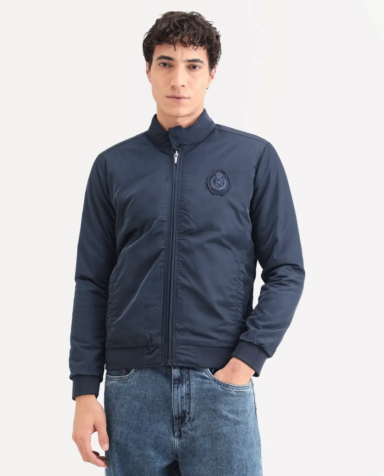 Rare Rabbit Men's Royban Navy Polyester Plain Regular Fit Full Sleeve Mandarin Collar Jacket