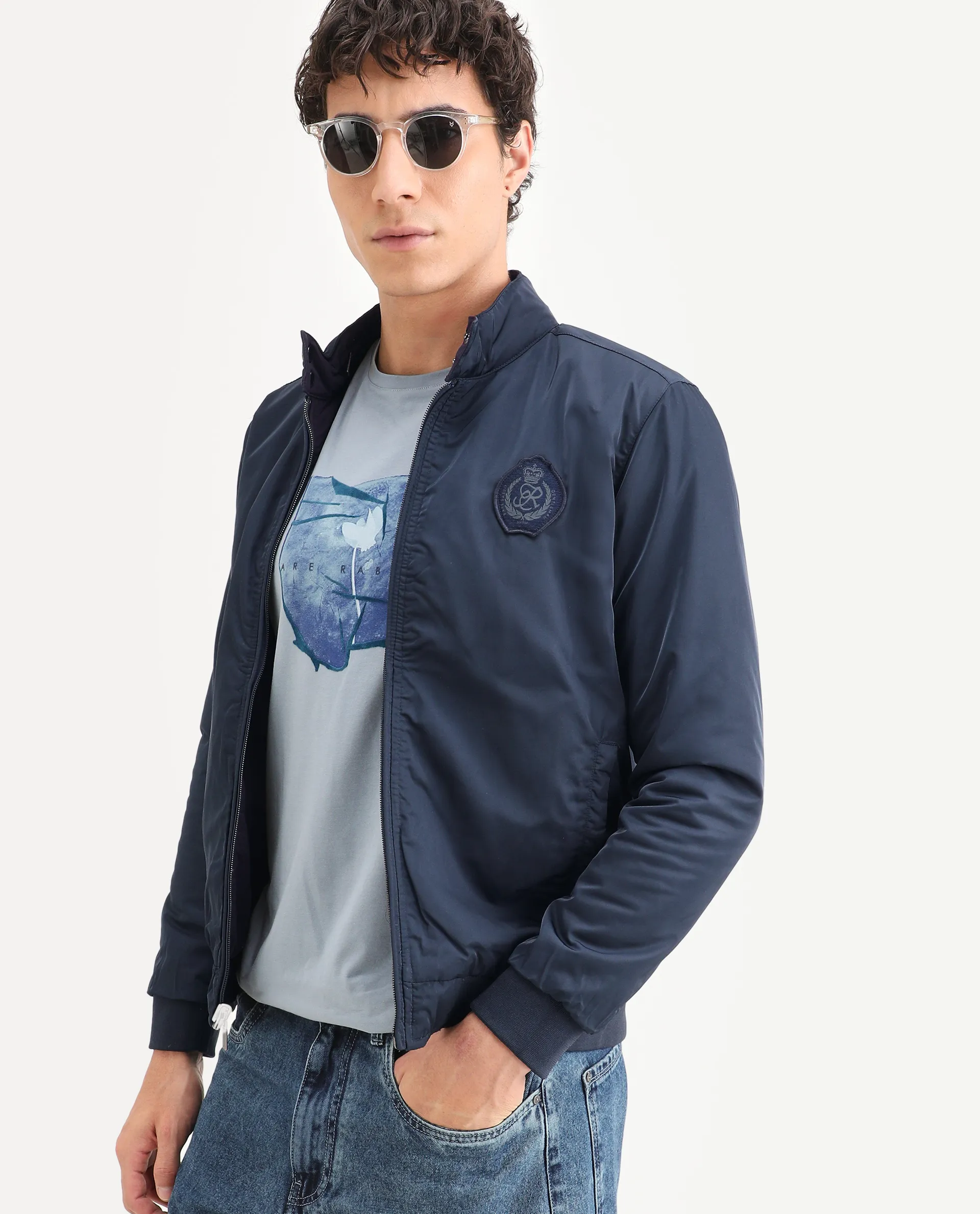 Rare Rabbit Men's Royban Navy Polyester Plain Regular Fit Full Sleeve Mandarin Collar Jacket - Image 2