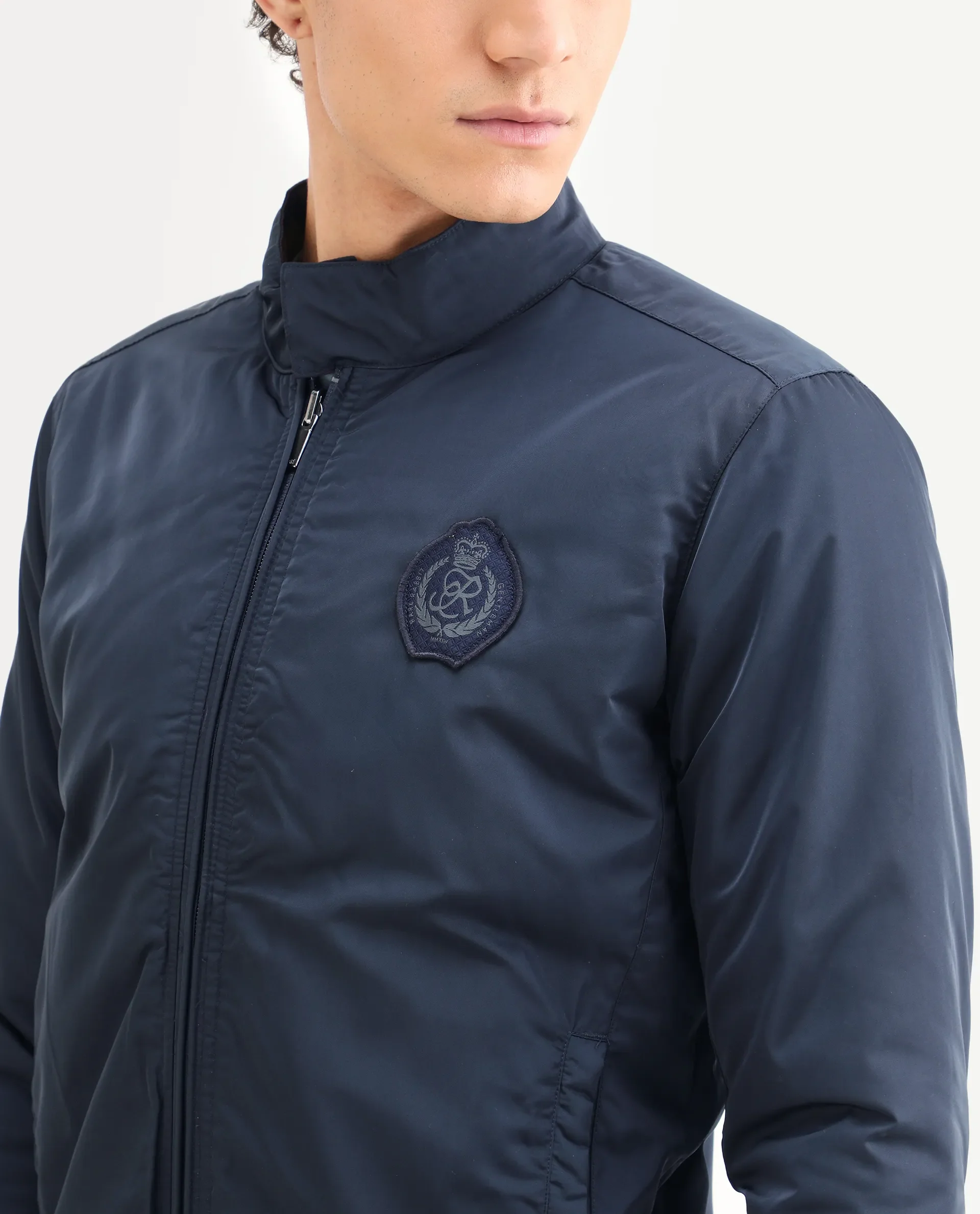 Rare Rabbit Men's Royban Navy Polyester Plain Regular Fit Full Sleeve Mandarin Collar Jacket - Image 4