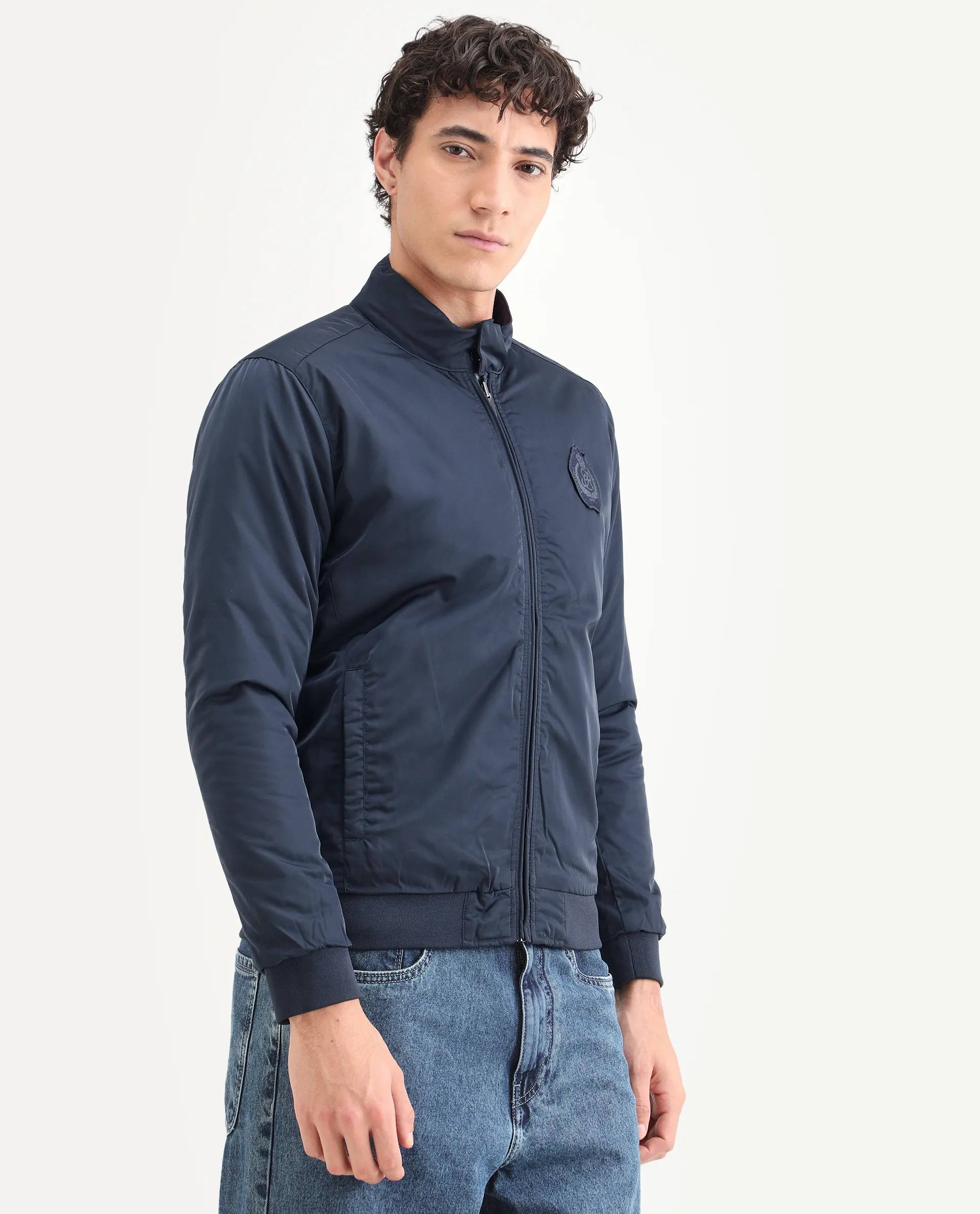 Rare Rabbit Men's Royban Navy Polyester Plain Regular Fit Full Sleeve Mandarin Collar Jacket - Image 5