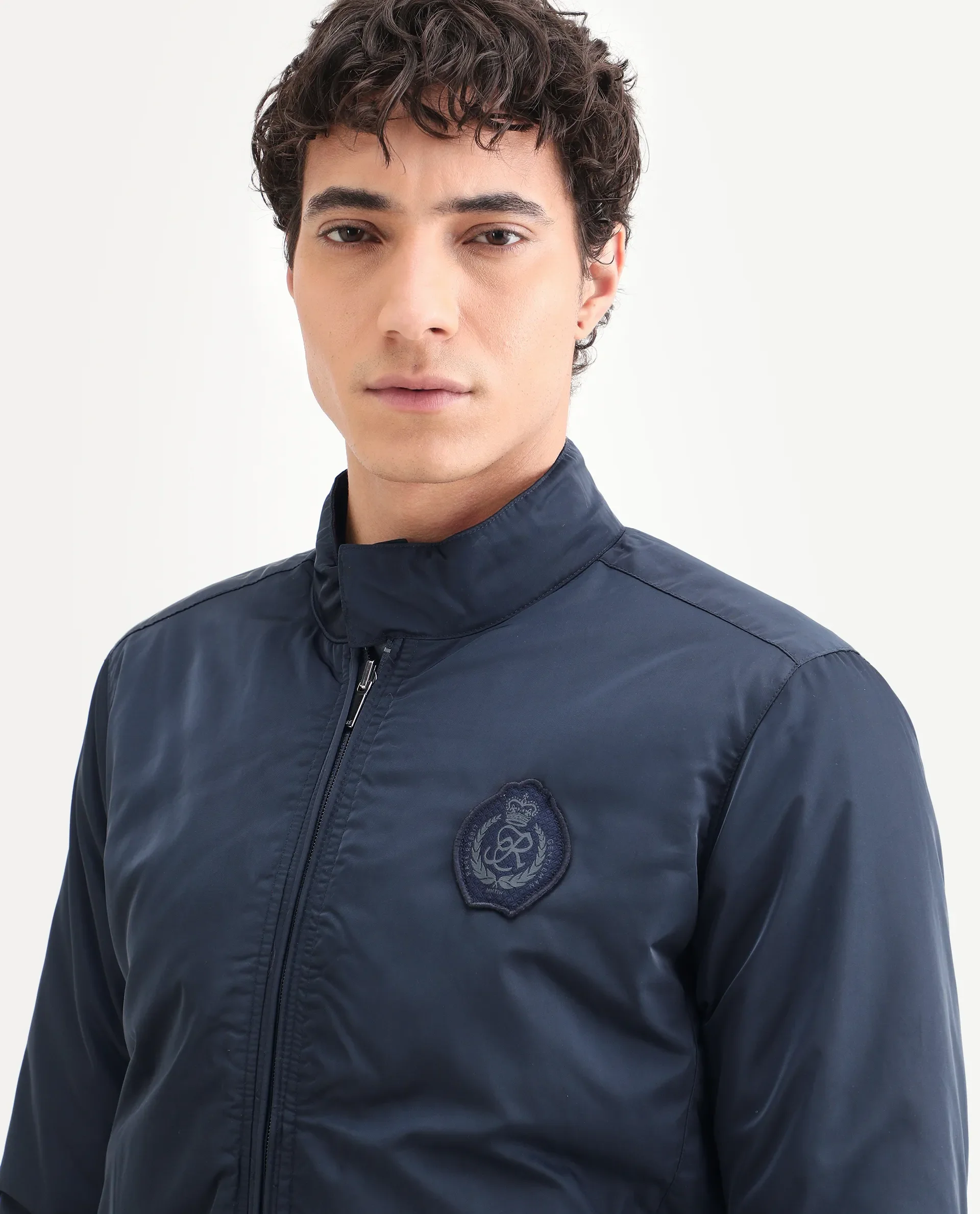 Rare Rabbit Men's Royban Navy Polyester Plain Regular Fit Full Sleeve Mandarin Collar Jacket - Image 6